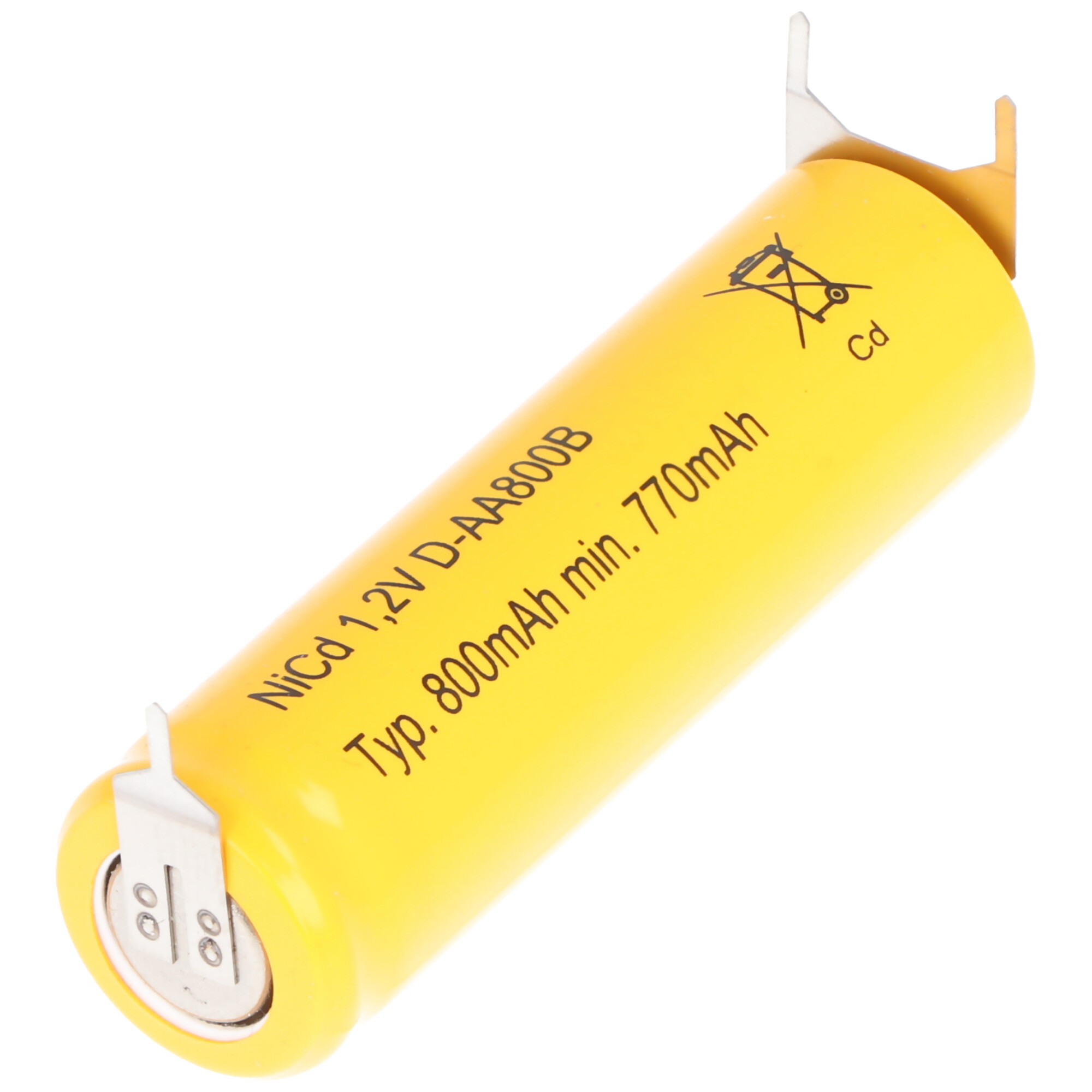 Yellow NiCd 1.2V D-AA800B battery. It has text and symbols. The background is white.