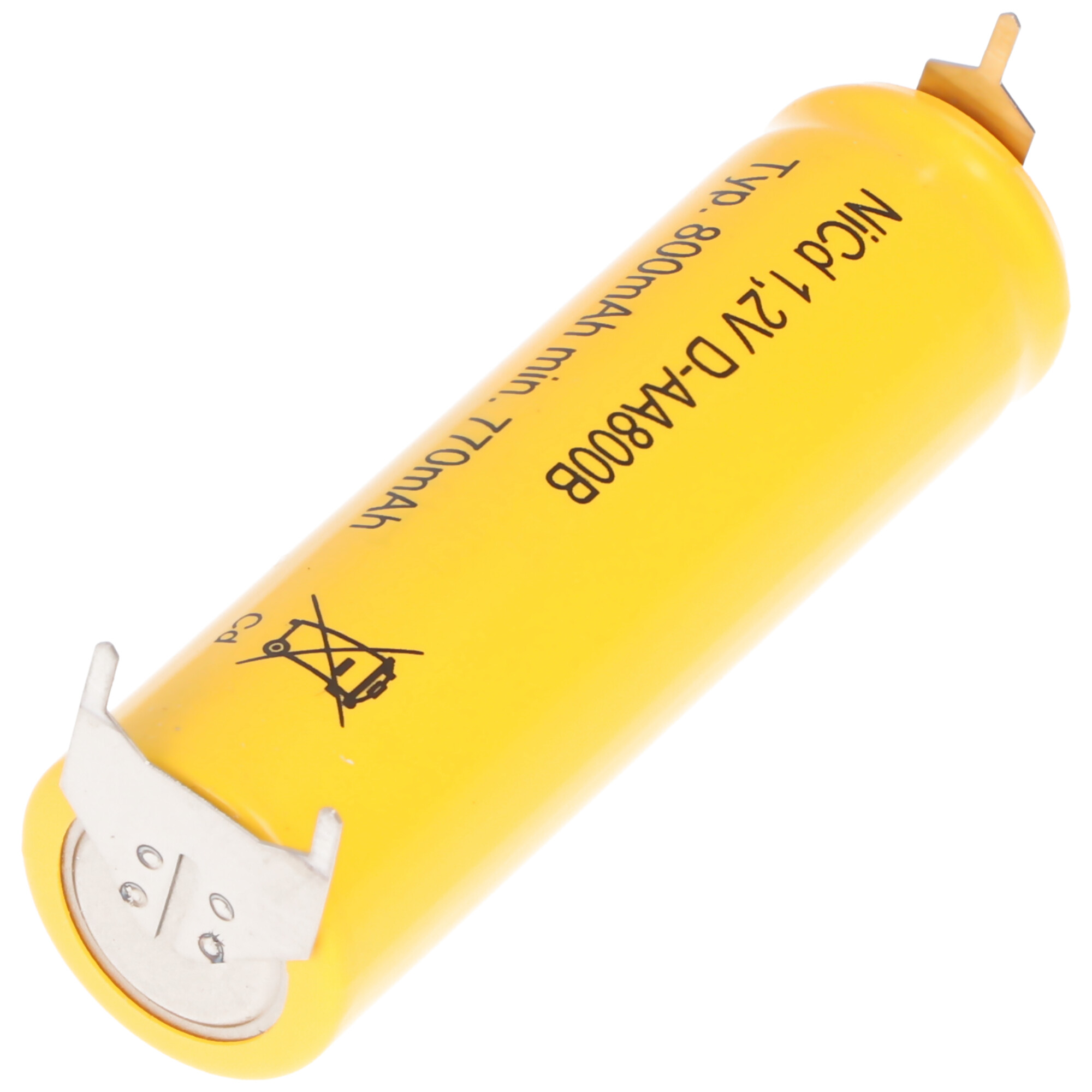Yellow D-AA800B NiCd battery, with text and safety symbols.