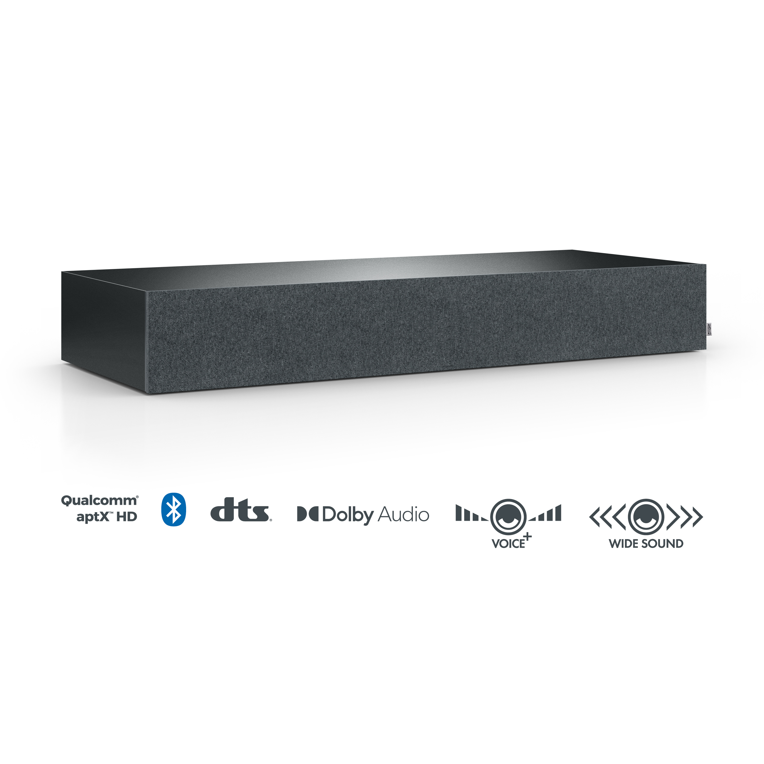Dunkelgraue Soundbar mit Symbolen für Bluetooth, Audio und Sprache.