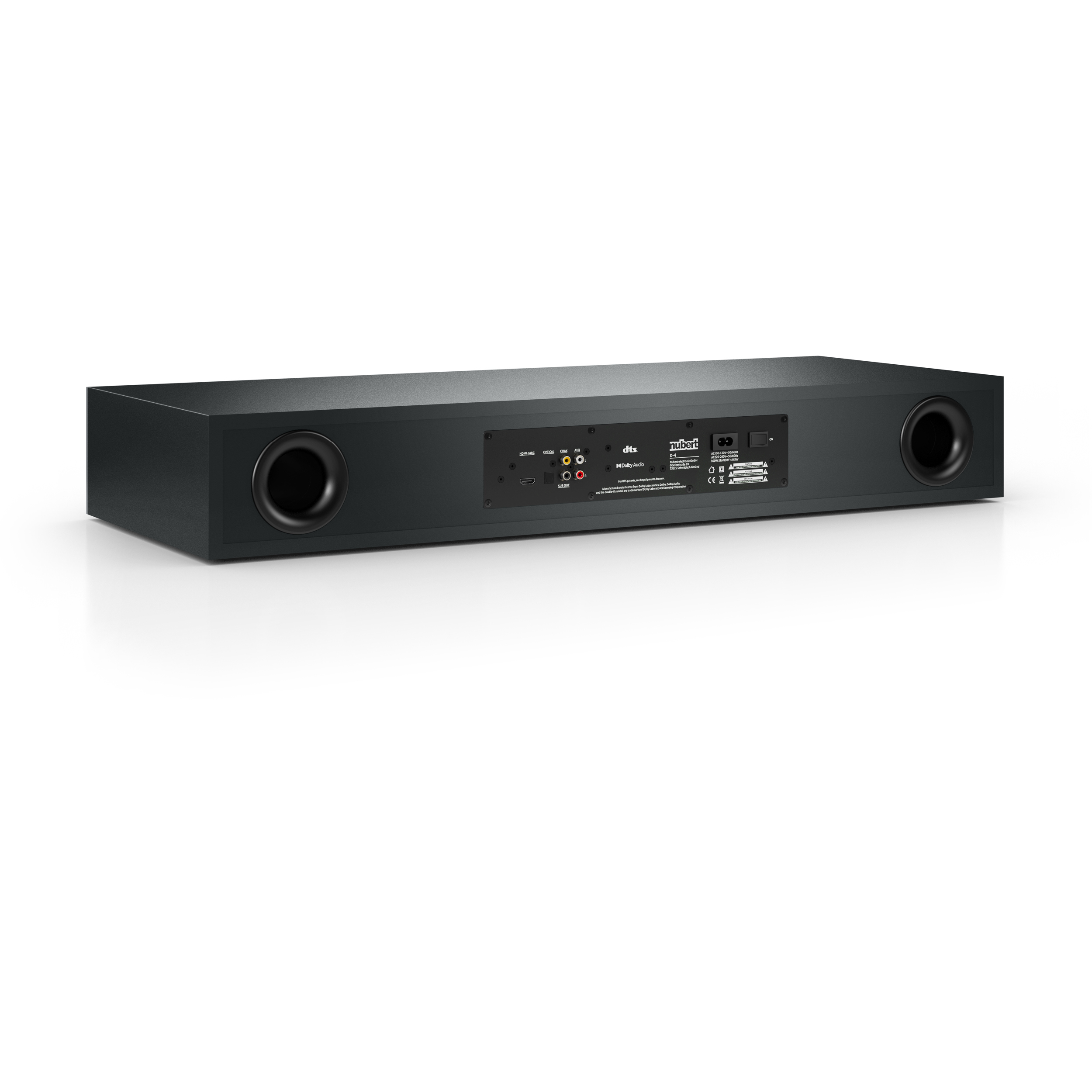 Schwarze Soundbar, Rückansicht. Enthält Anschlüsse und Branding. Weißer Hintergrund.