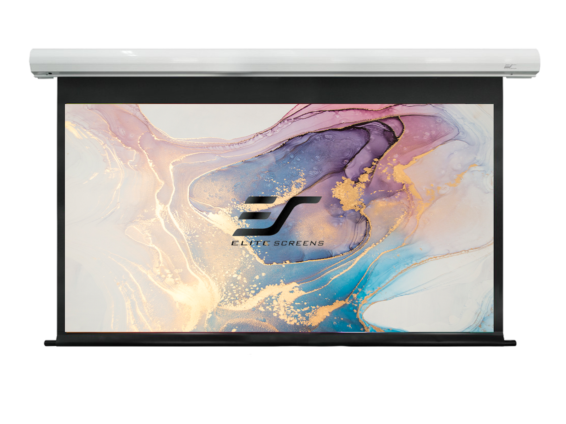 An Elite Screens projection screen, white case with a black screen. The background is black.