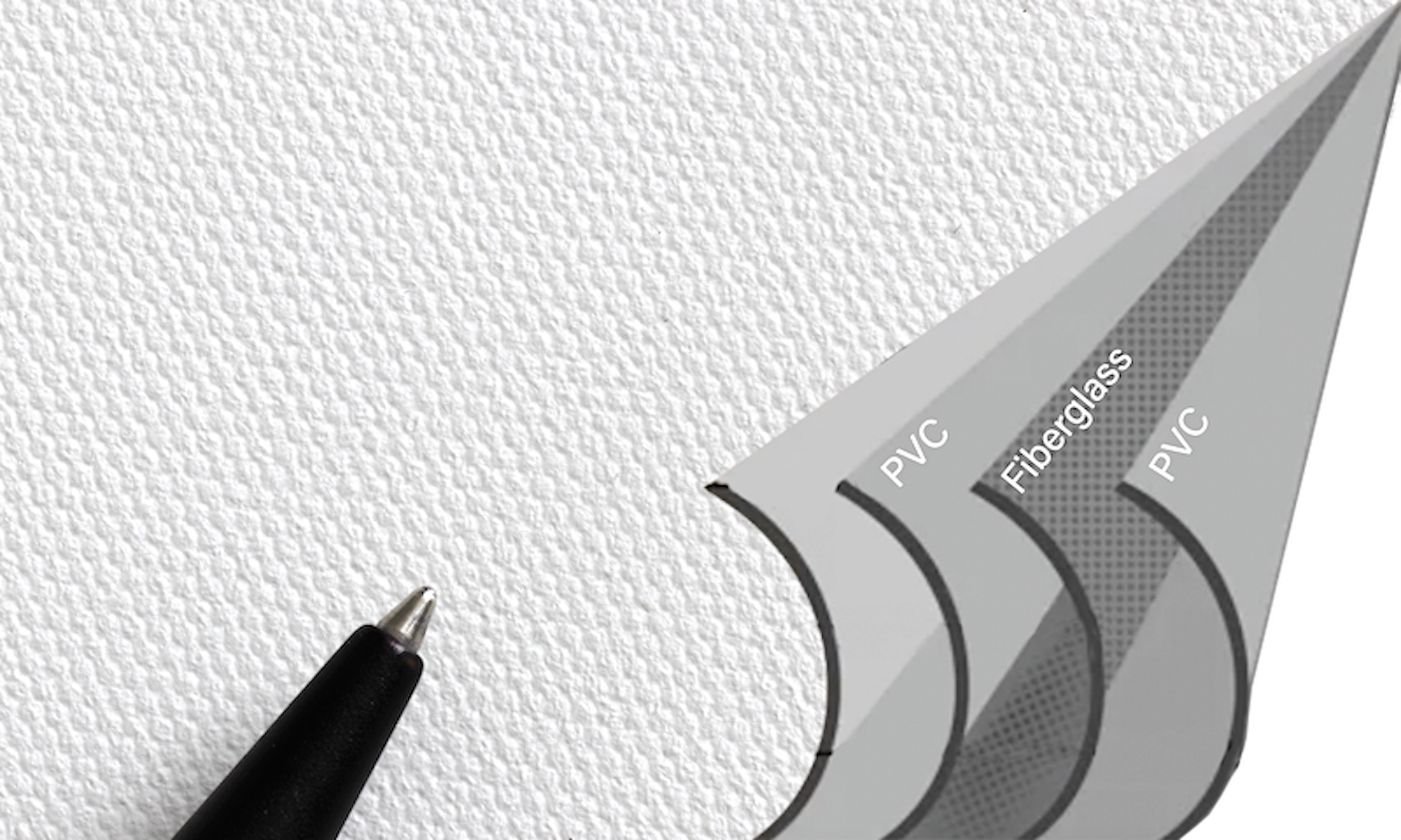 A pen on white canvas, showing a cross-section of three layers: PVC, fiberglass, and PVC.