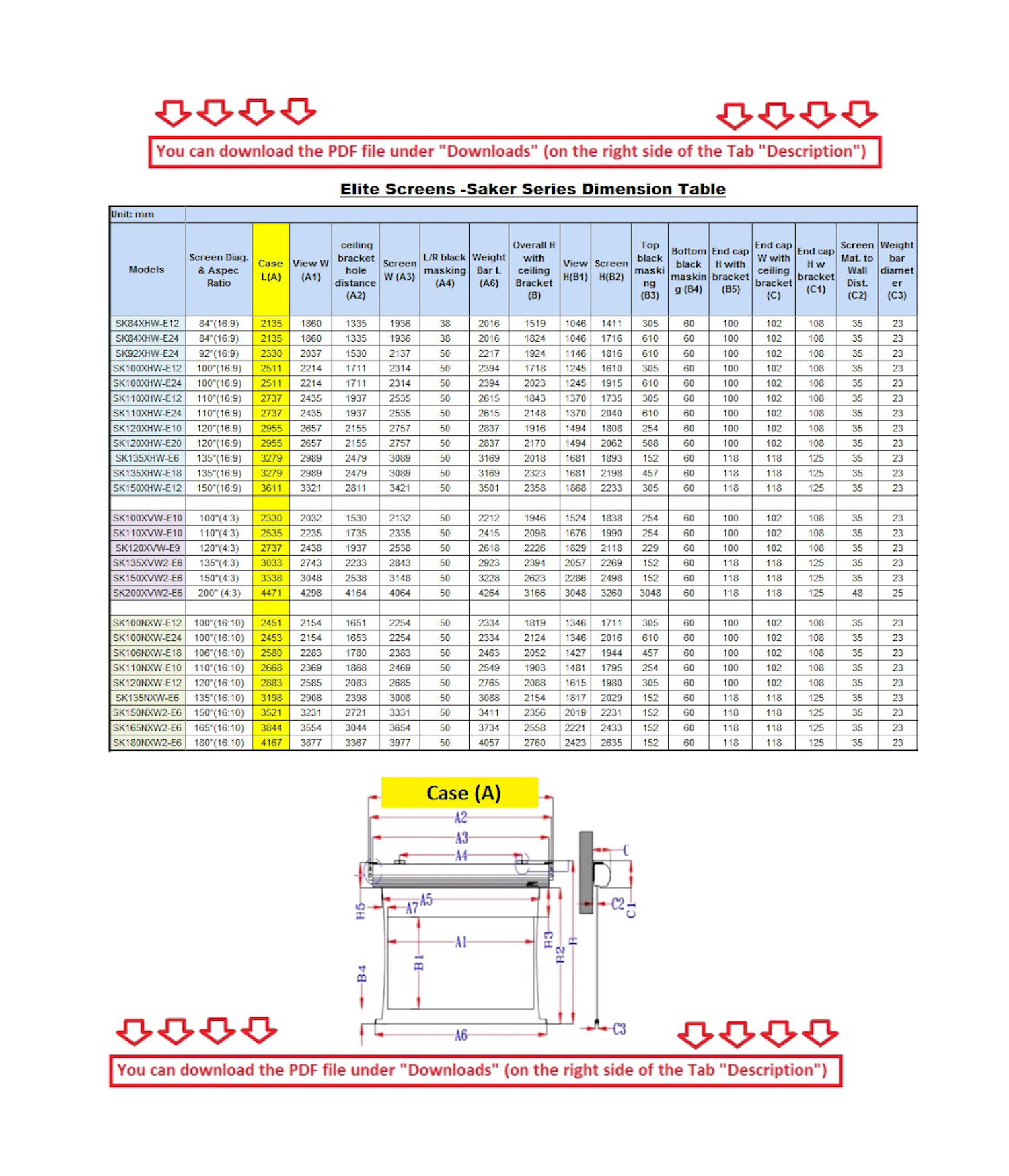 Tabella delle dimensioni per Elite Screens, con testo e diagrammi. Il documento è stampato su sfondo bianco.