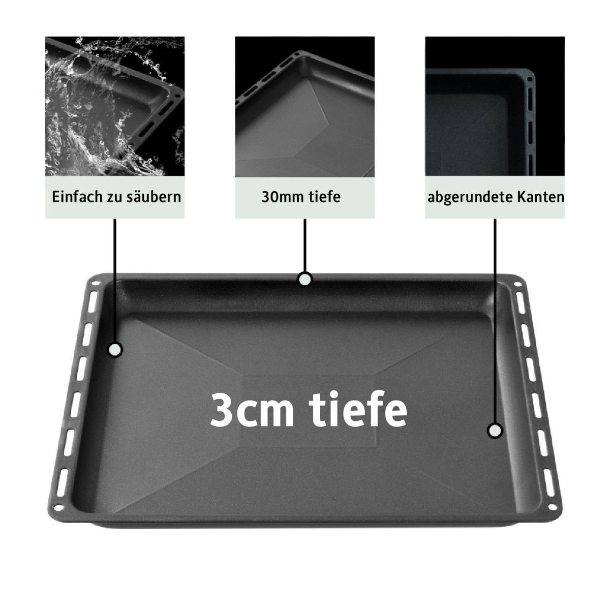 Tablett mit 3 cm Tiefe. Beschriftungen weisen auf einfache Reinigung und abgerundete Kanten hin.