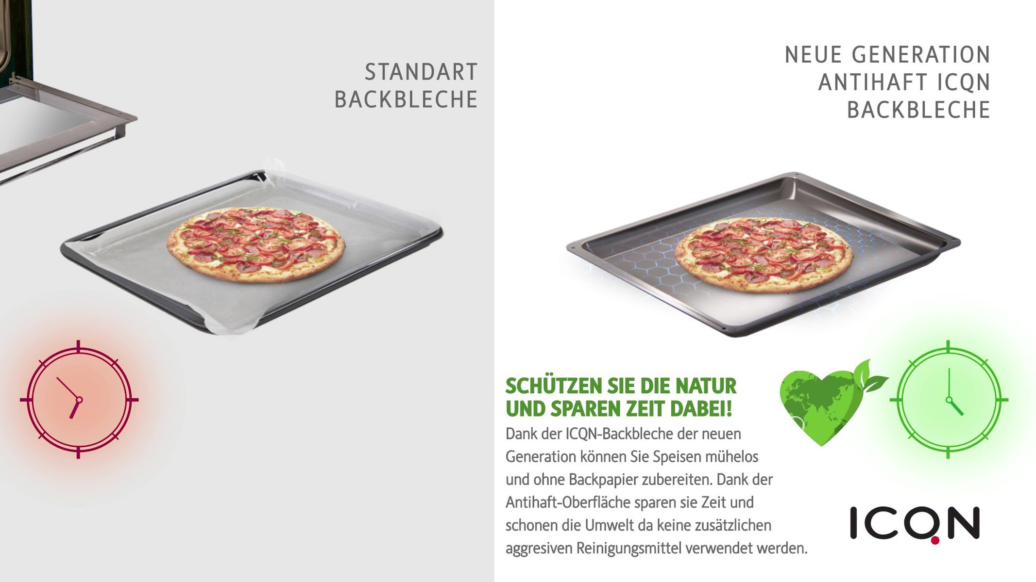 Backbleche mit je einer Pizza, die Standard- und Antihaft-Backbleche der neuen Generation zeigen.