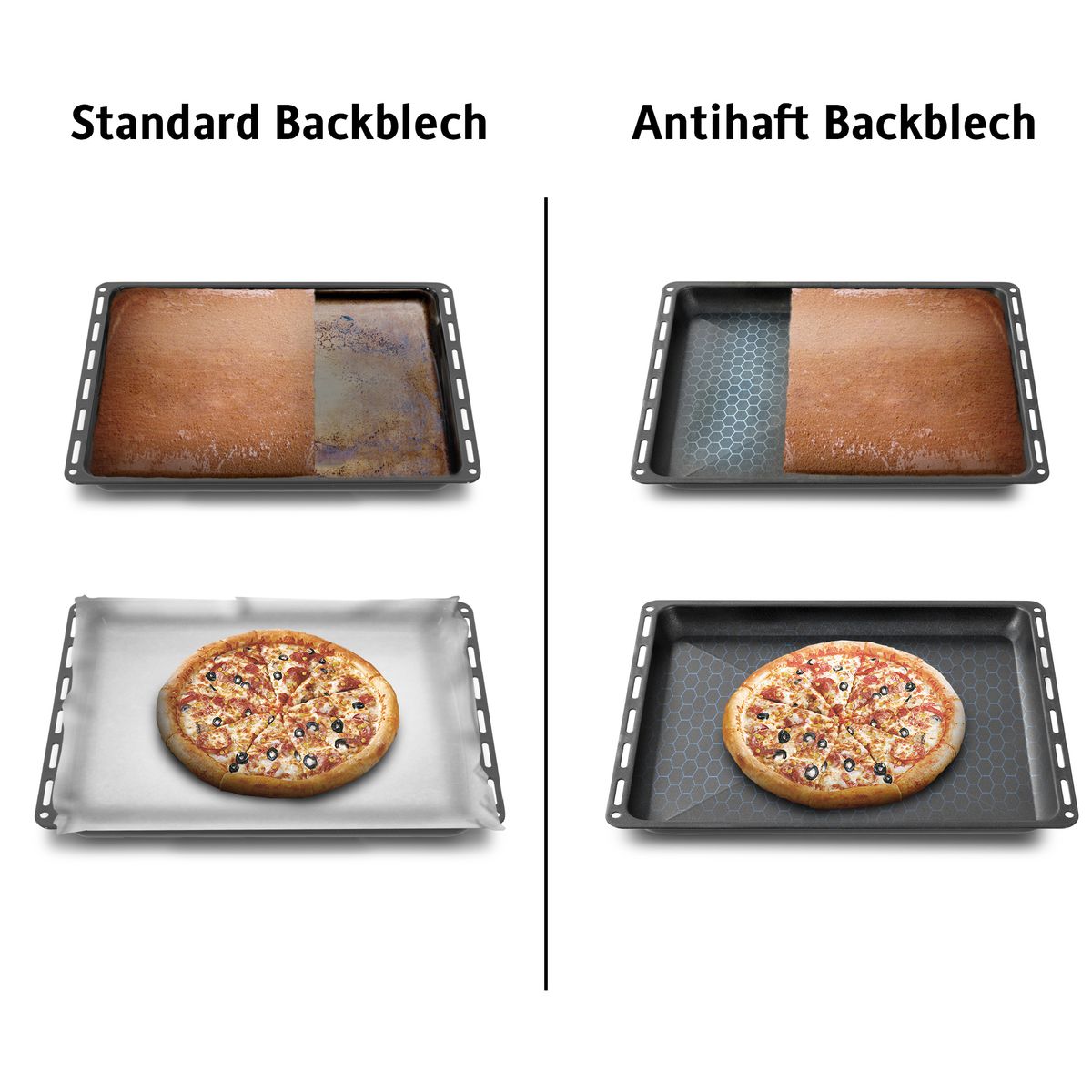 Zwei Backbleche mit Kuchen/Pizza. Ein Standard und eines mit Antihaftbeschichtung.