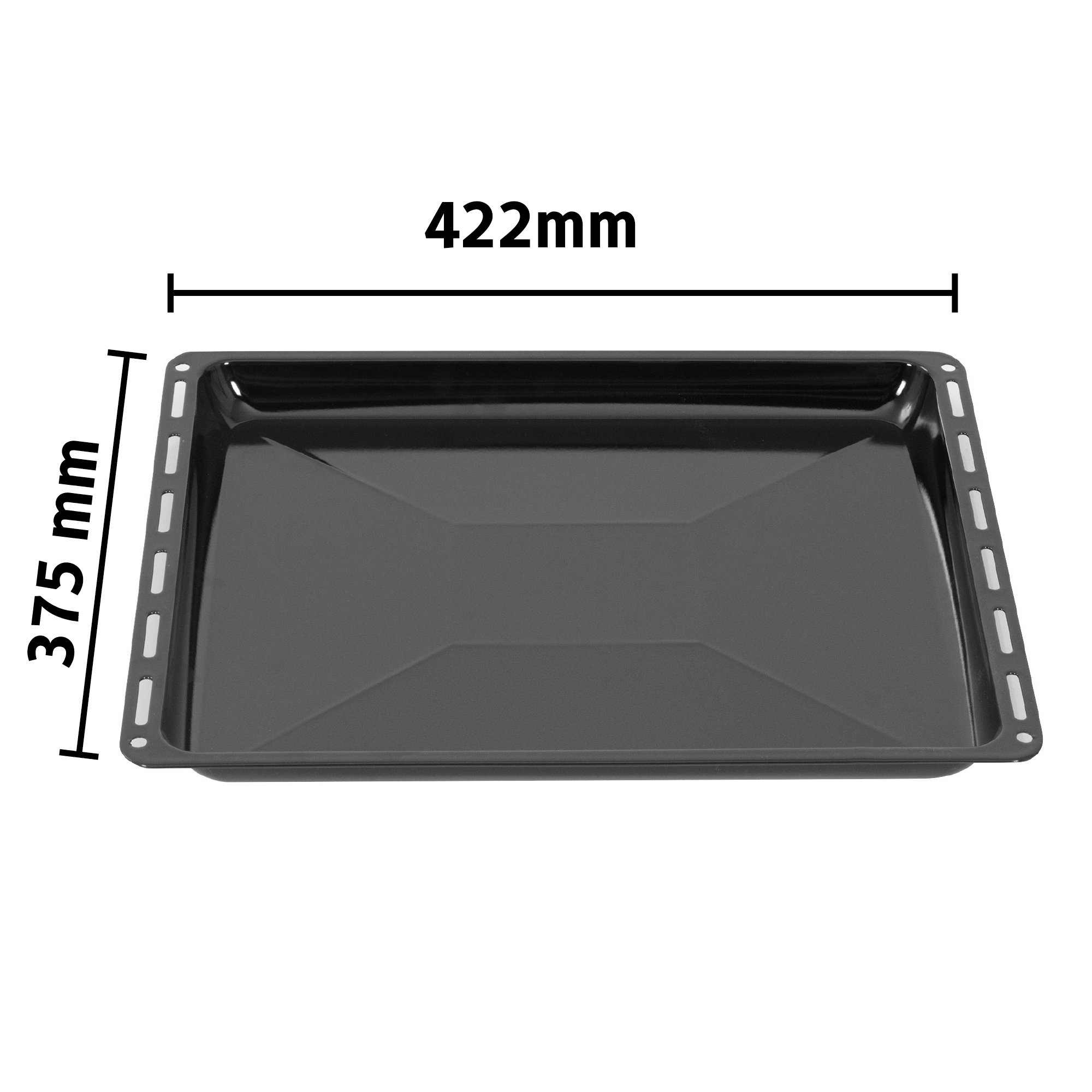Schwarzes Backblech. Abmessungen sind 422 mm breit.