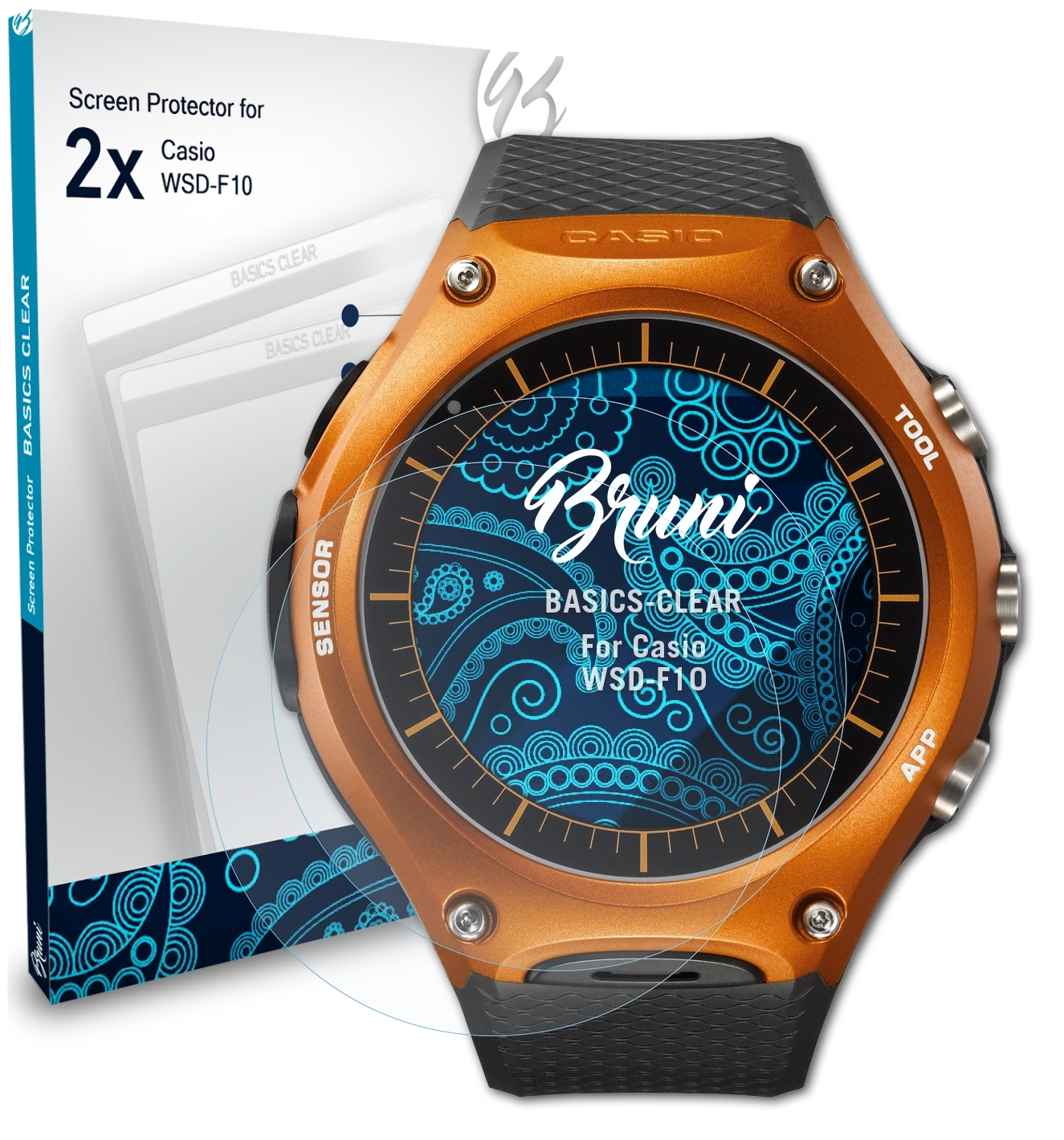 BRUNI 2x WSD-F10) Casio Schutzfolie(für Basics-Clear