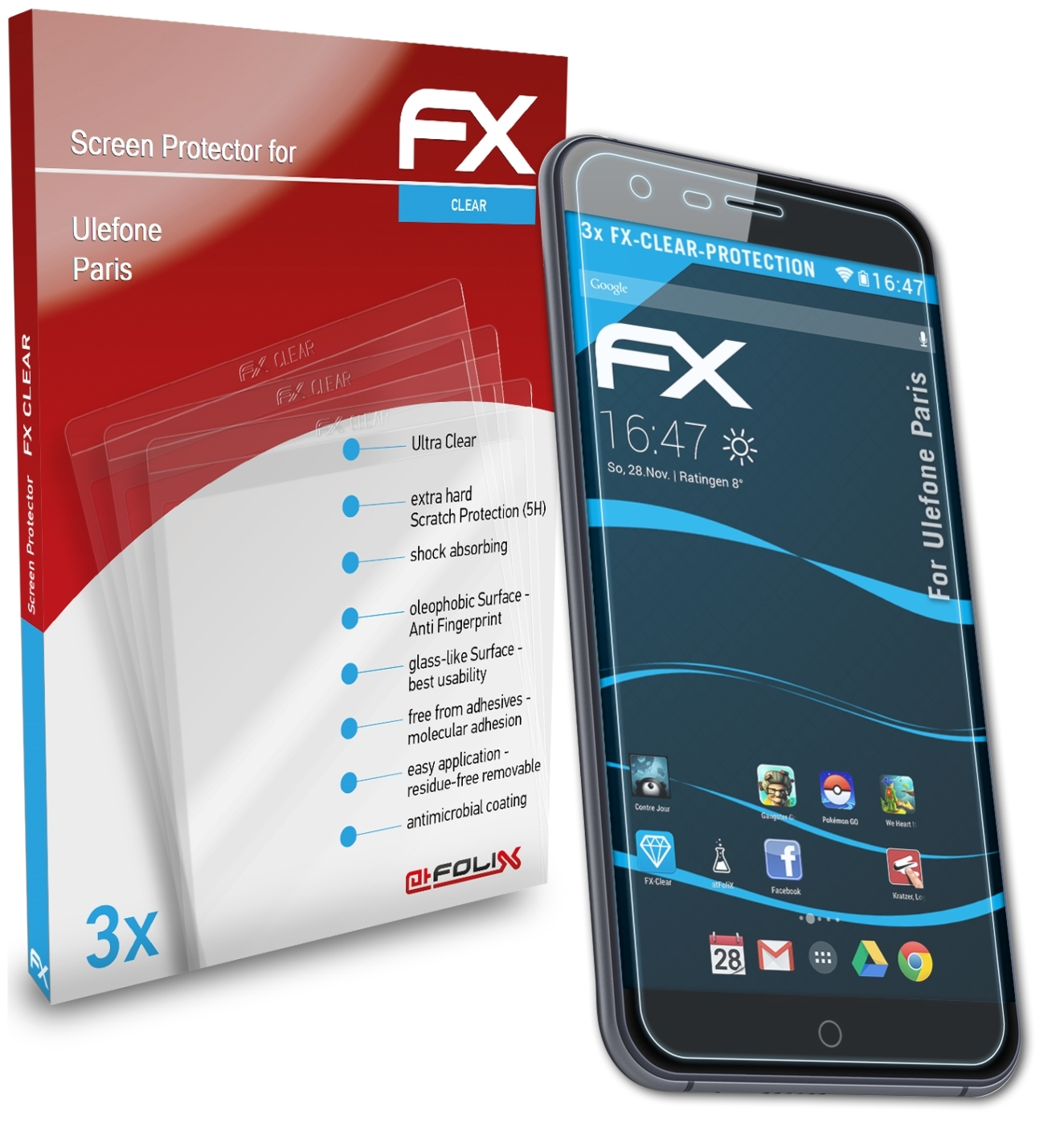 ATFOLIX 3x Ulefone Displayschutz(für FX-Clear Paris)