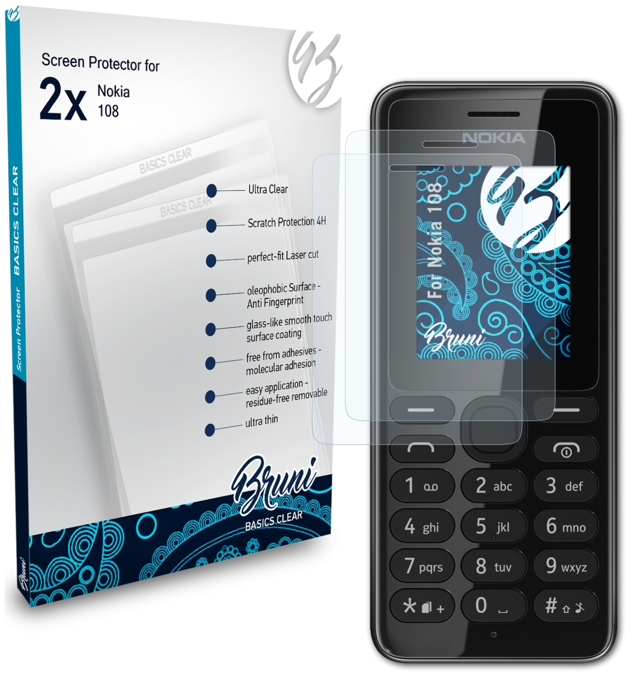 BRUNI 2x Basics-Clear Schutzfolie(für 108) Nokia