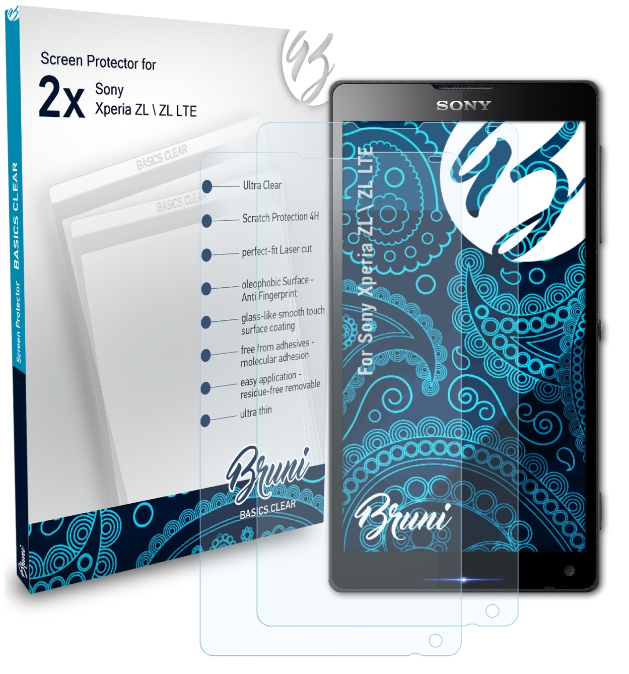 BRUNI 2x Basics-Clear Schutzfolie(für Sony LTE) ZL Xperia \\ ZL