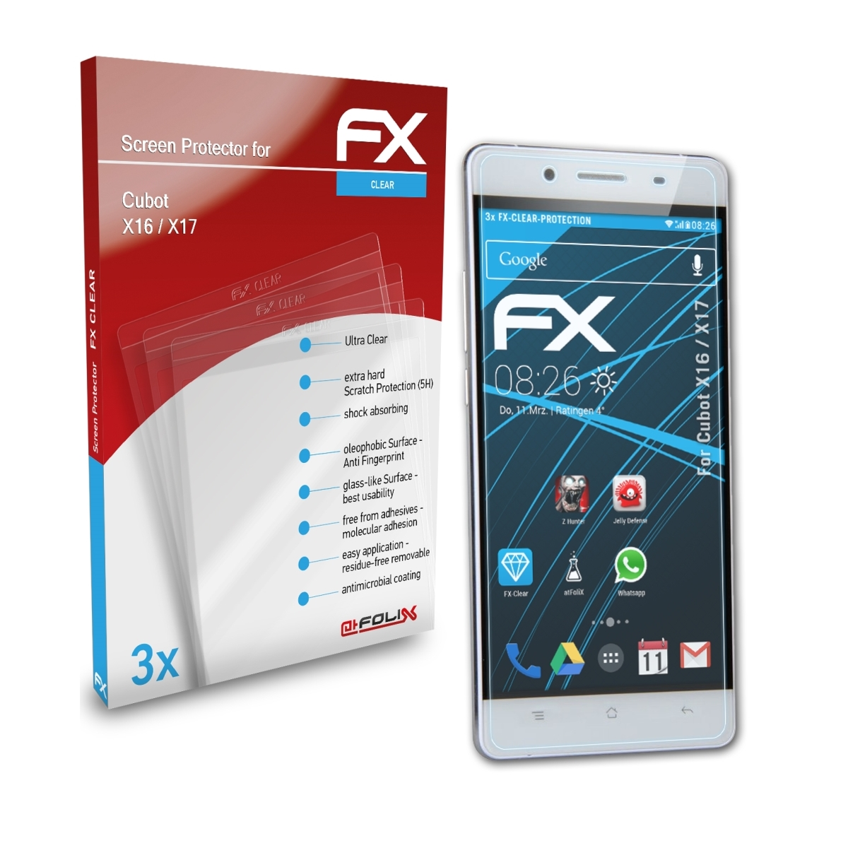 ATFOLIX 3x FX-Clear Cubot X16 / Displayschutz(für X17)