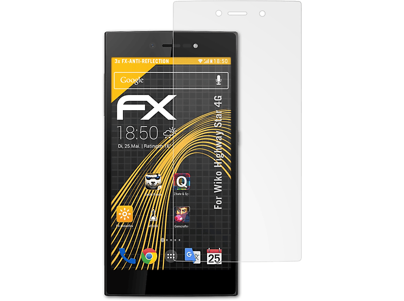 ATFOLIX 3x FX-Antireflex Displayschutz(für Wiko 4G) Highway Star