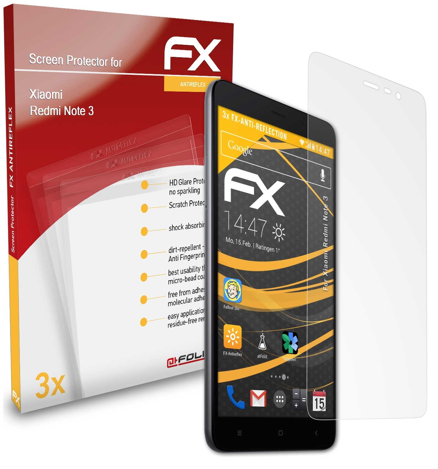 ATFOLIX 3x FX-Antireflex Displayschutz(für Xiaomi Redmi 3) Note