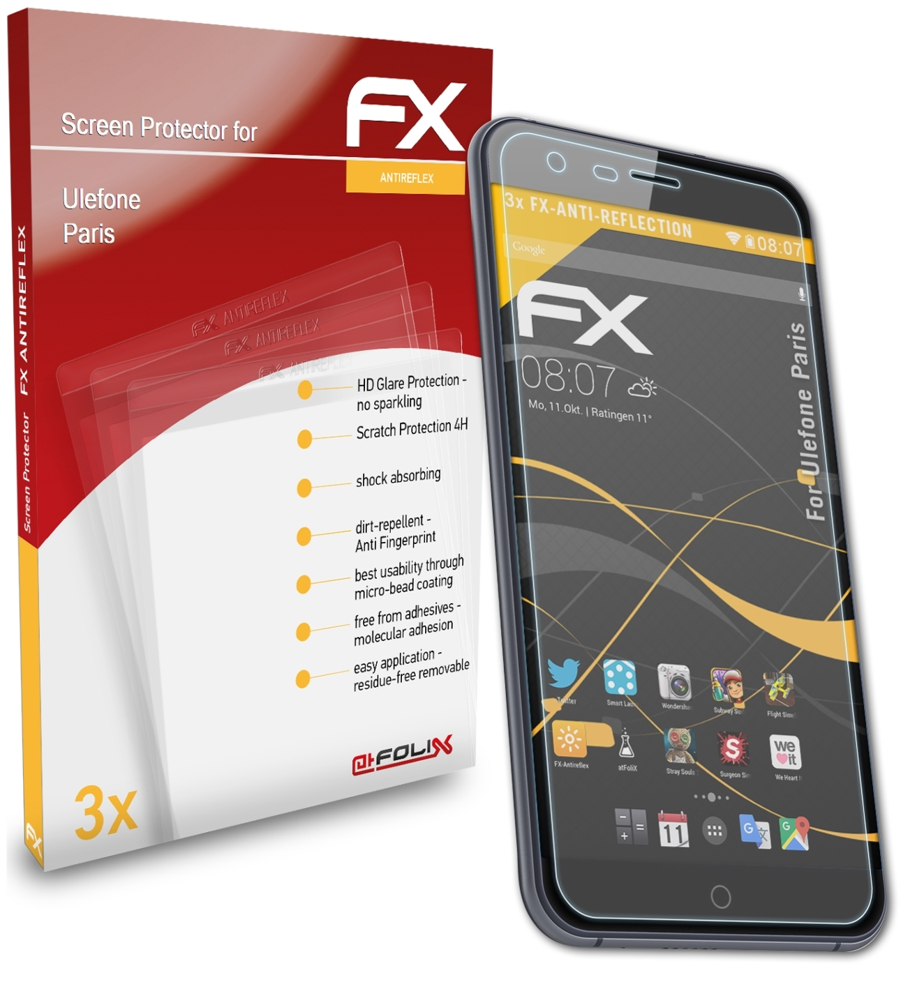 ATFOLIX 3x Paris) FX-Antireflex Displayschutz(für Ulefone