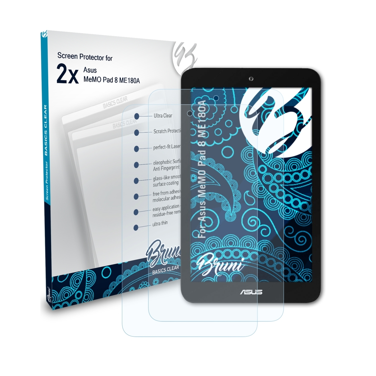 (ME180A)) 2x Basics-Clear Asus MeMO 8 Pad Schutzfolie(für BRUNI