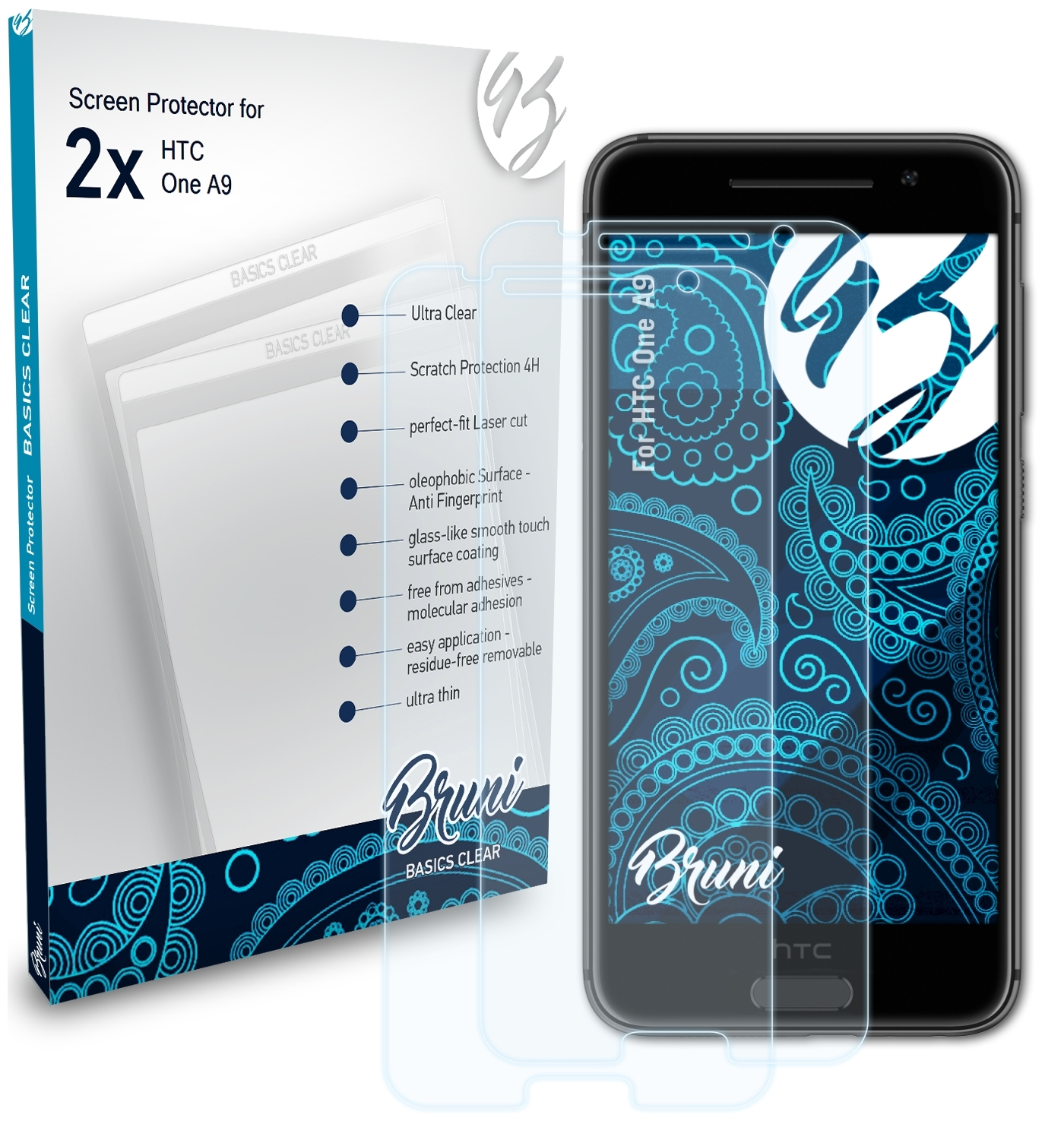BRUNI 2x Basics-Clear Schutzfolie(für A9) HTC One