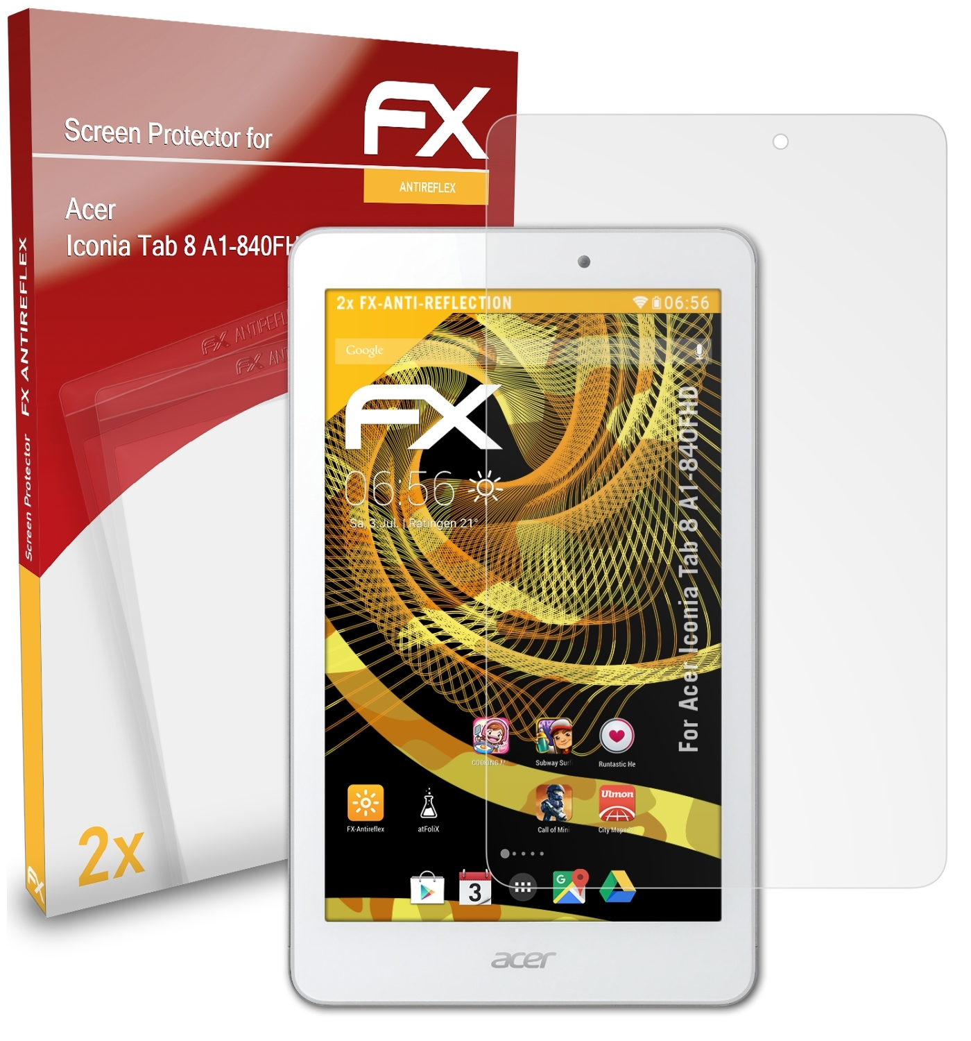 ATFOLIX 2x FX-Antireflex Displayschutz(für Tab (A1-840FHD)) Acer 8 Iconia