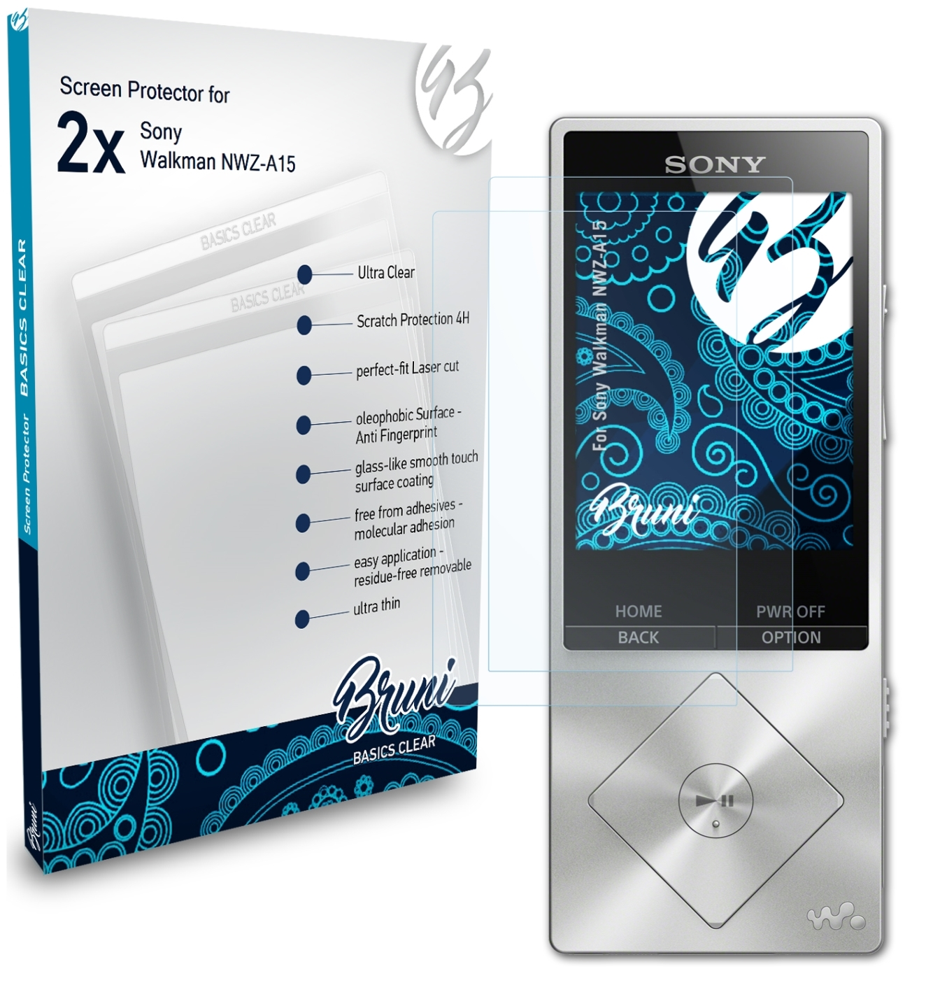 BRUNI 2x Basics-Clear Sony Walkman NWZ-A15) Schutzfolie(für