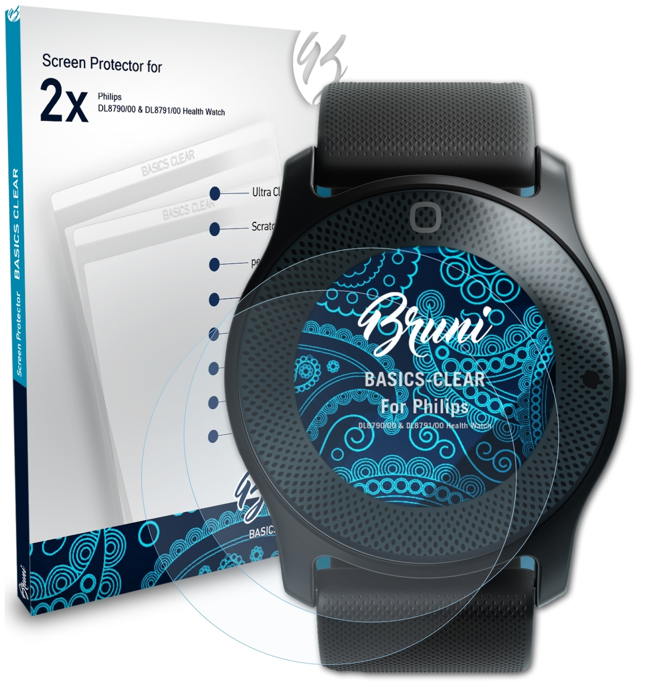 BRUNI 2x Basics-Clear DL8791/00 & (Health Philips Schutzfolie(für Watch)) DL8790/00