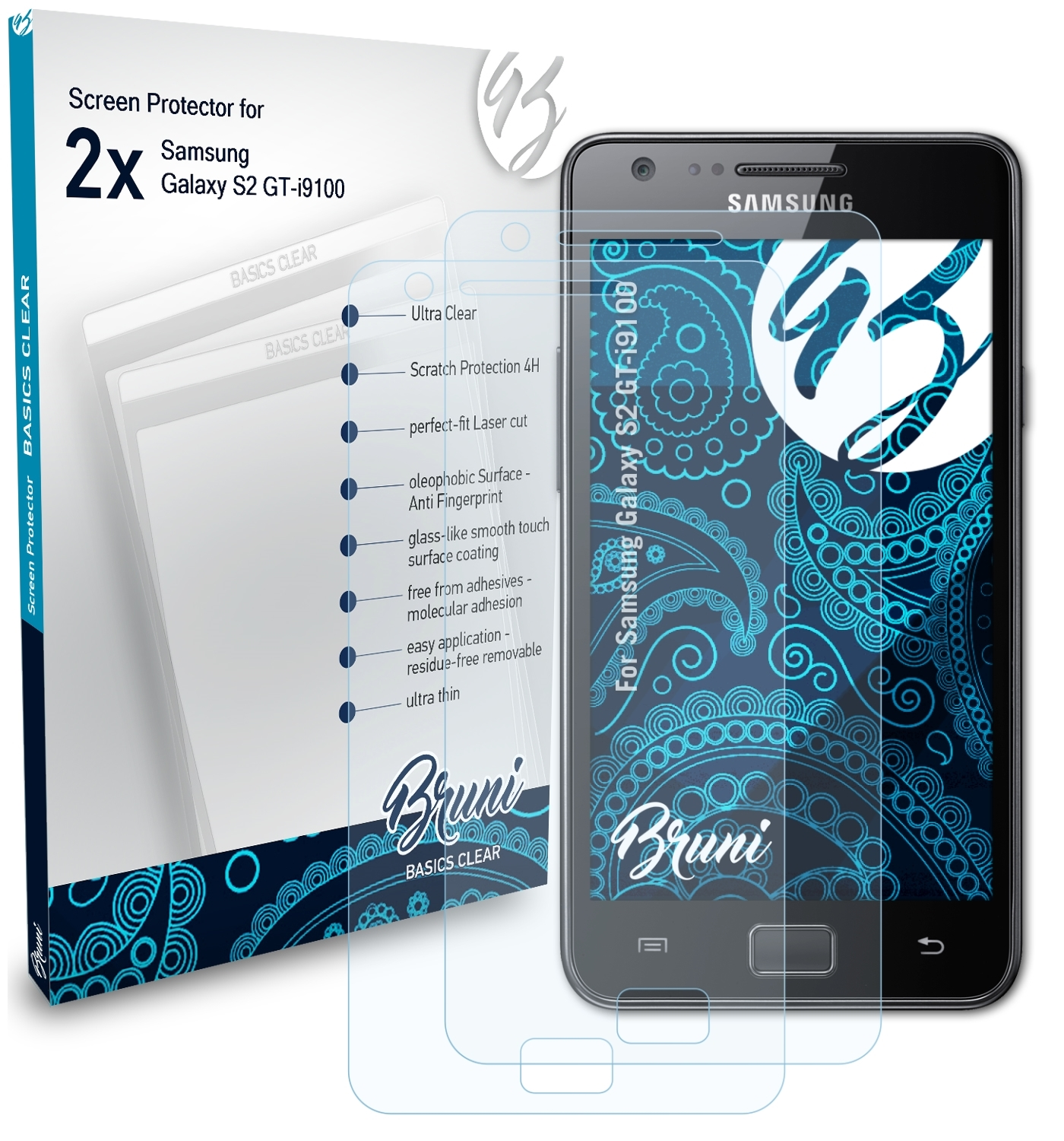 BRUNI 2x Basics-Clear Schutzfolie(für Samsung S2 Galaxy (GT-i9100))