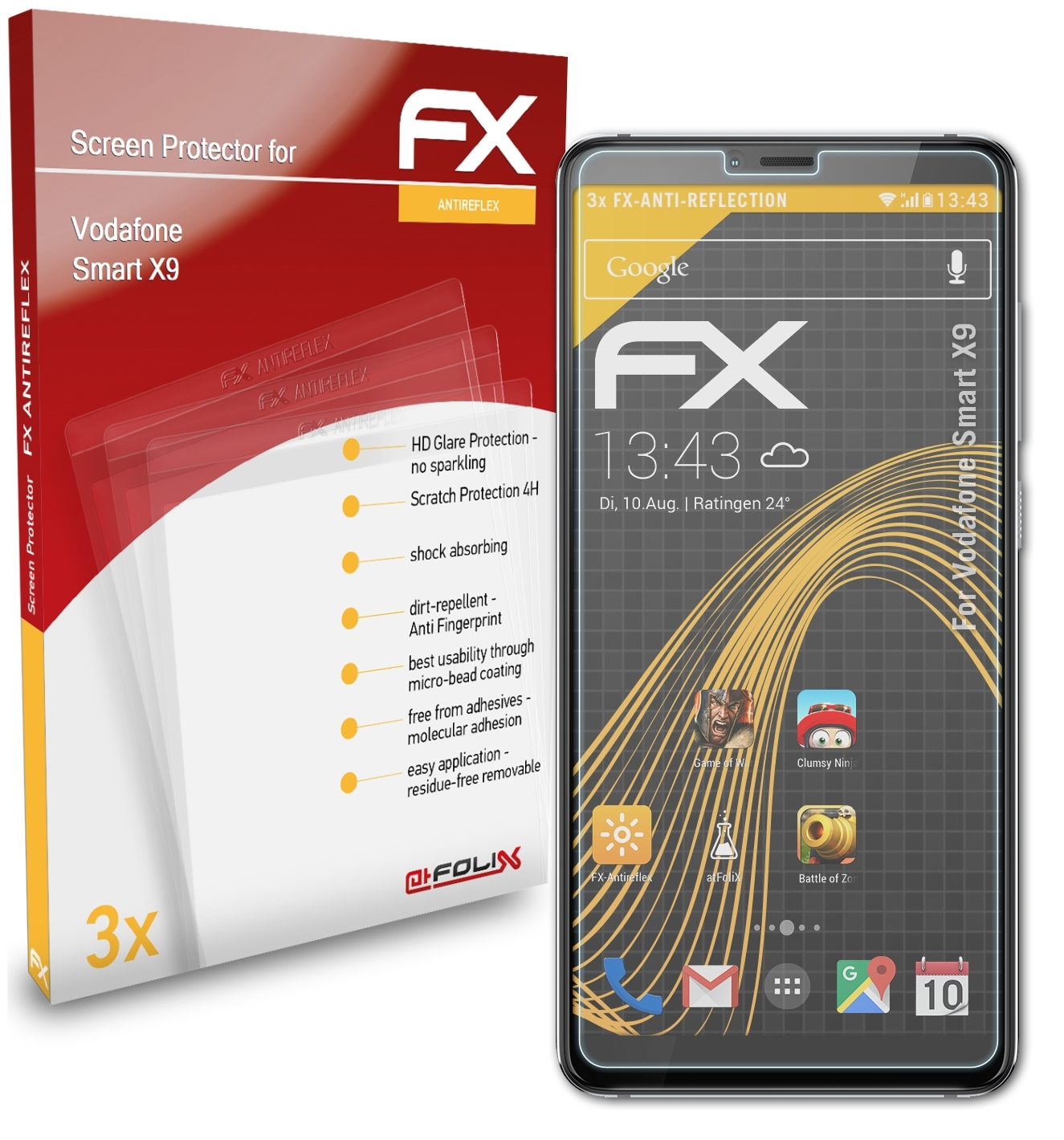 ATFOLIX 3x FX-Antireflex X9) Displayschutz(für Smart Vodafone