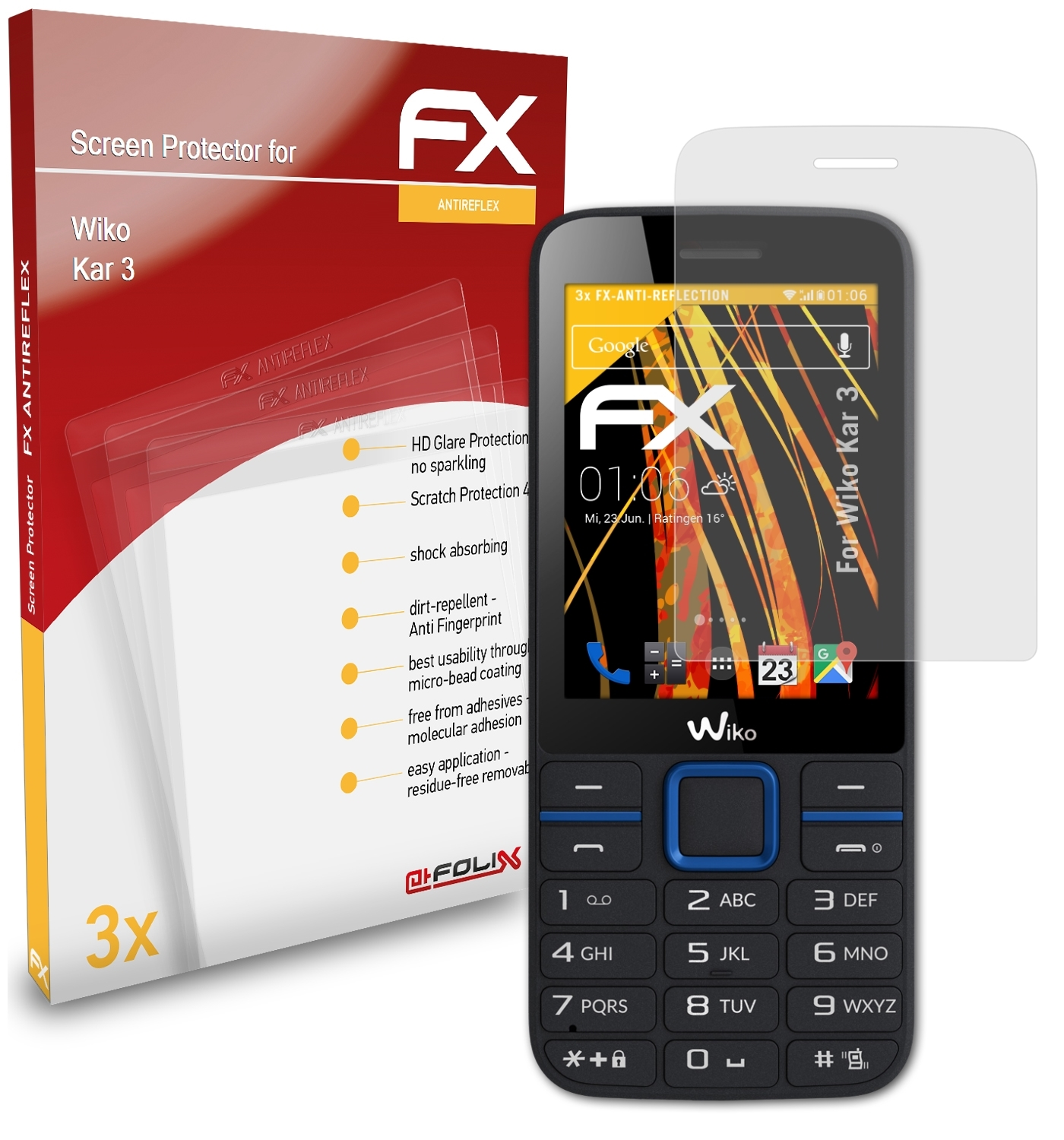 ATFOLIX 3x FX-Antireflex Displayschutz(für Kar 3) Wiko