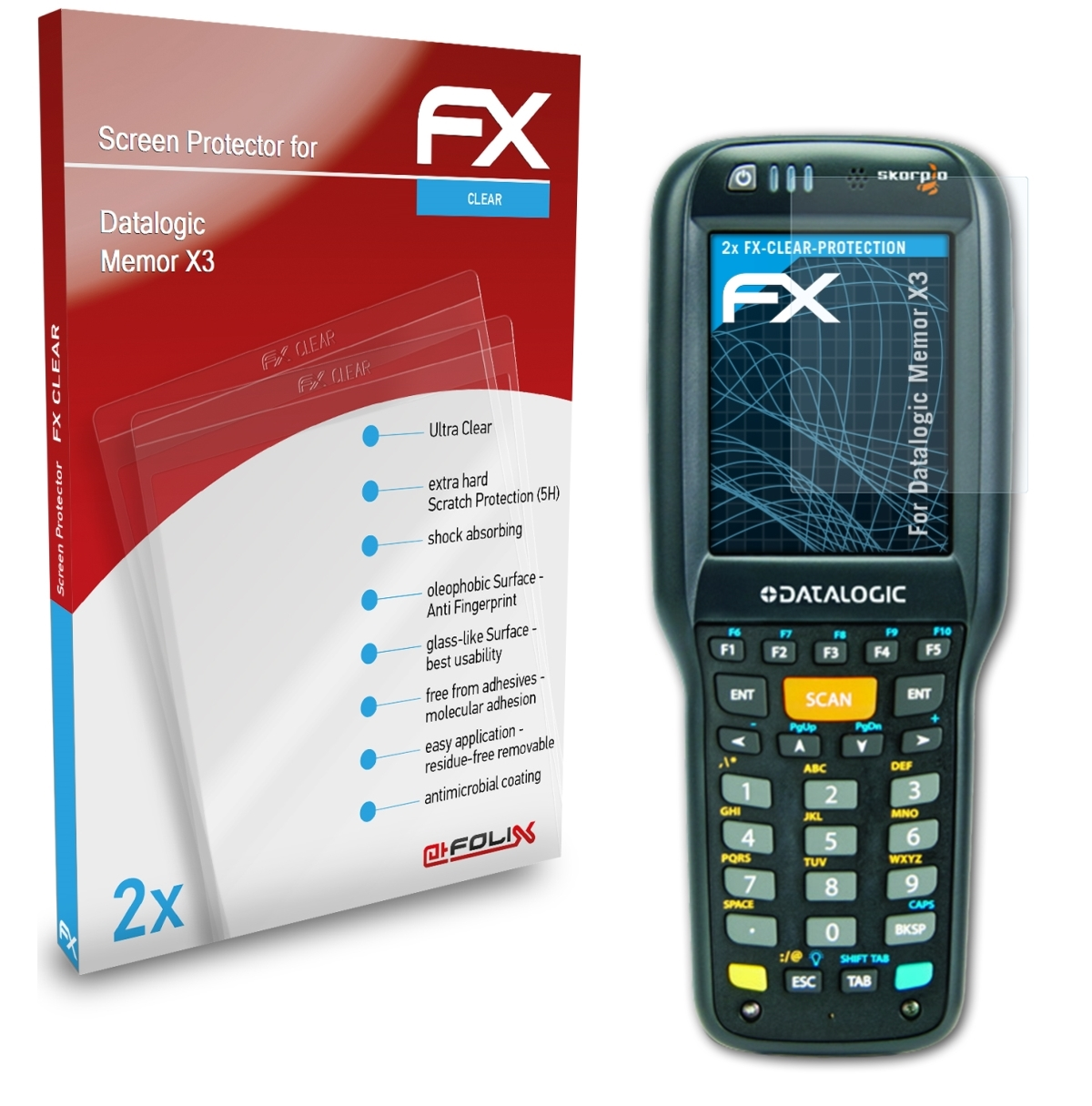 ATFOLIX 2x FX-Clear Displayschutz(für Datalogic X3) Memor