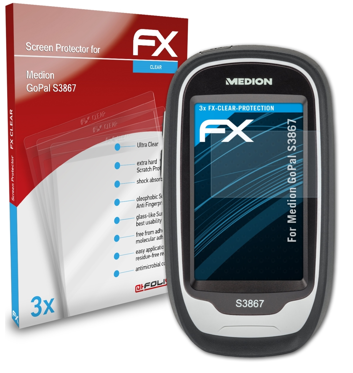 ATFOLIX 3x Medion Displayschutz(für FX-Clear GoPal S3867)