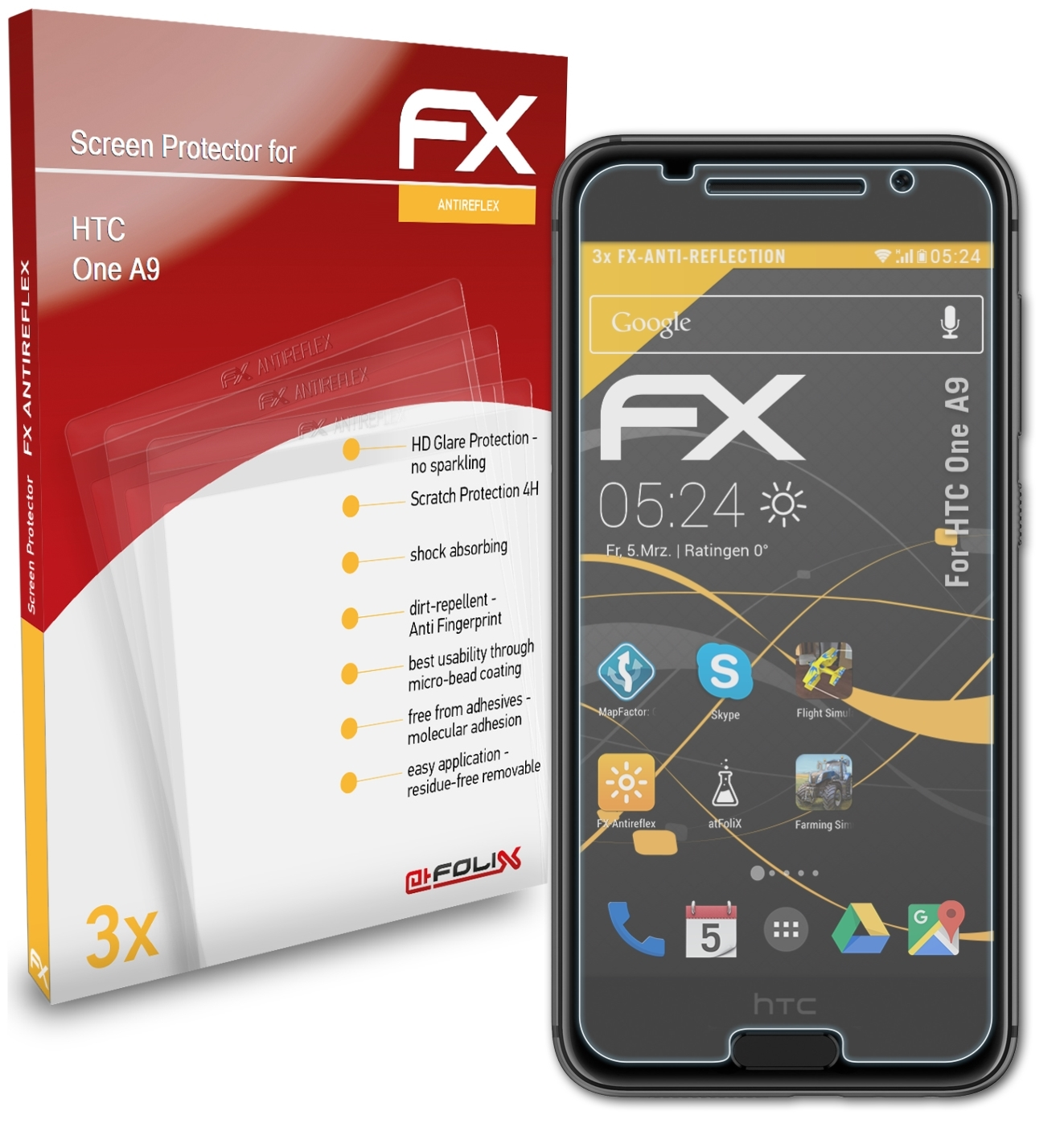 ATFOLIX A9) HTC One FX-Antireflex 3x Displayschutz(für
