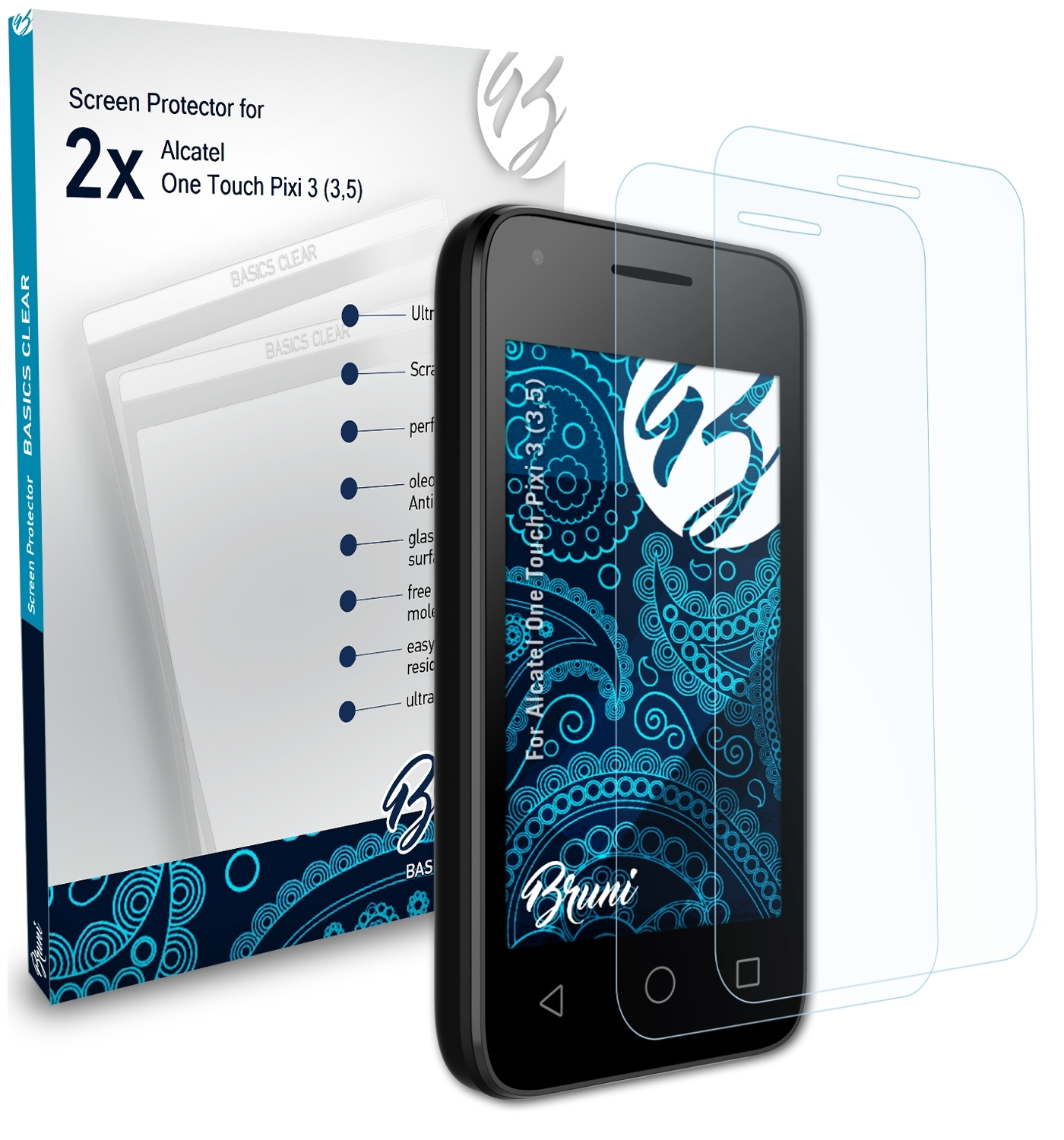 2x (3,5)) Pixi Touch BRUNI 3 Basics-Clear One Schutzfolie(für Alcatel