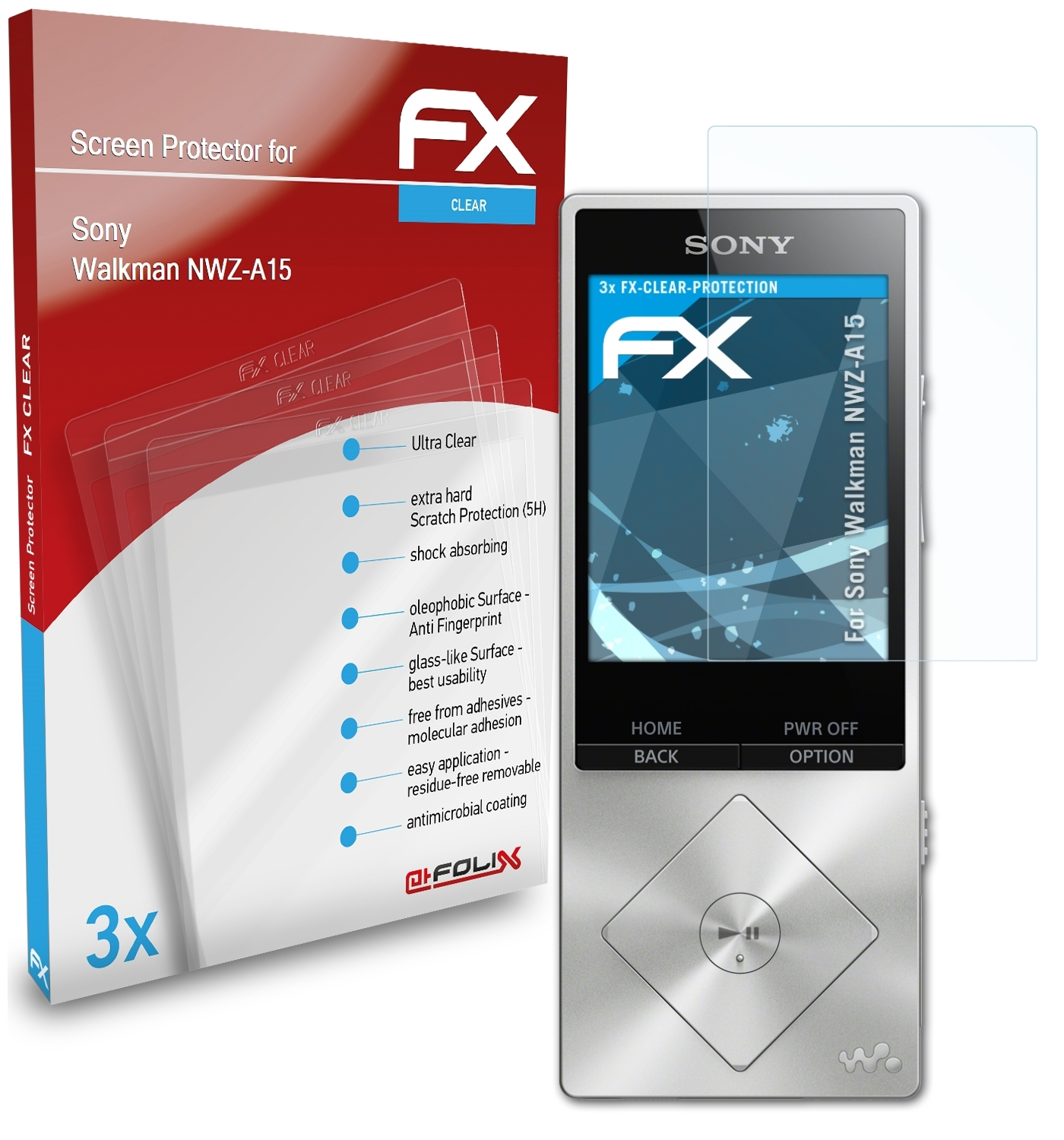 Sony 3x Displayschutz(für ATFOLIX Walkman FX-Clear NWZ-A15)