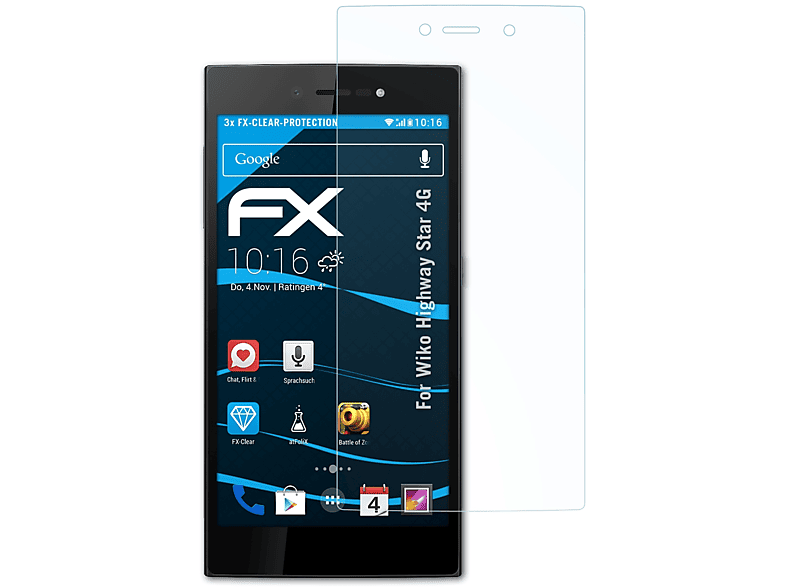ATFOLIX 3x FX-Clear Star 4G) Highway Wiko Displayschutz(für