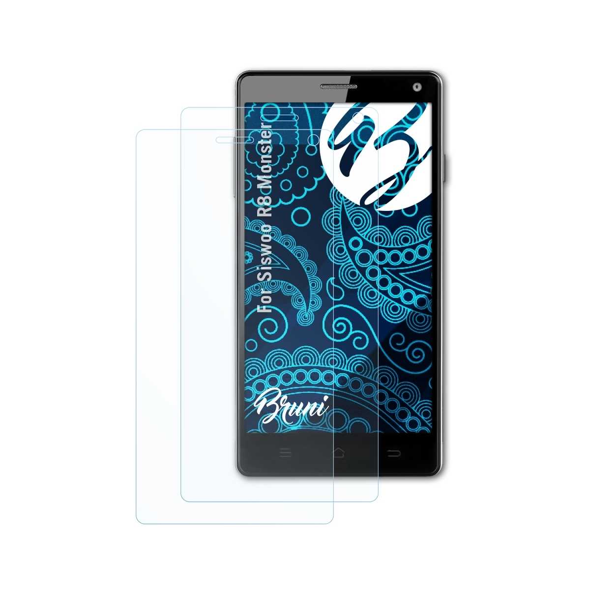 Telefon mit Displayschutz. Blaues Blumendesign auf dem Bildschirm. Klarer Schutz oben.