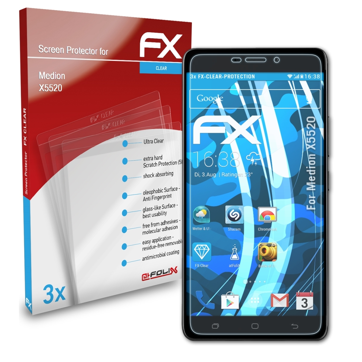 ATFOLIX 3x FX-Clear Displayschutz(für Medion X5520)