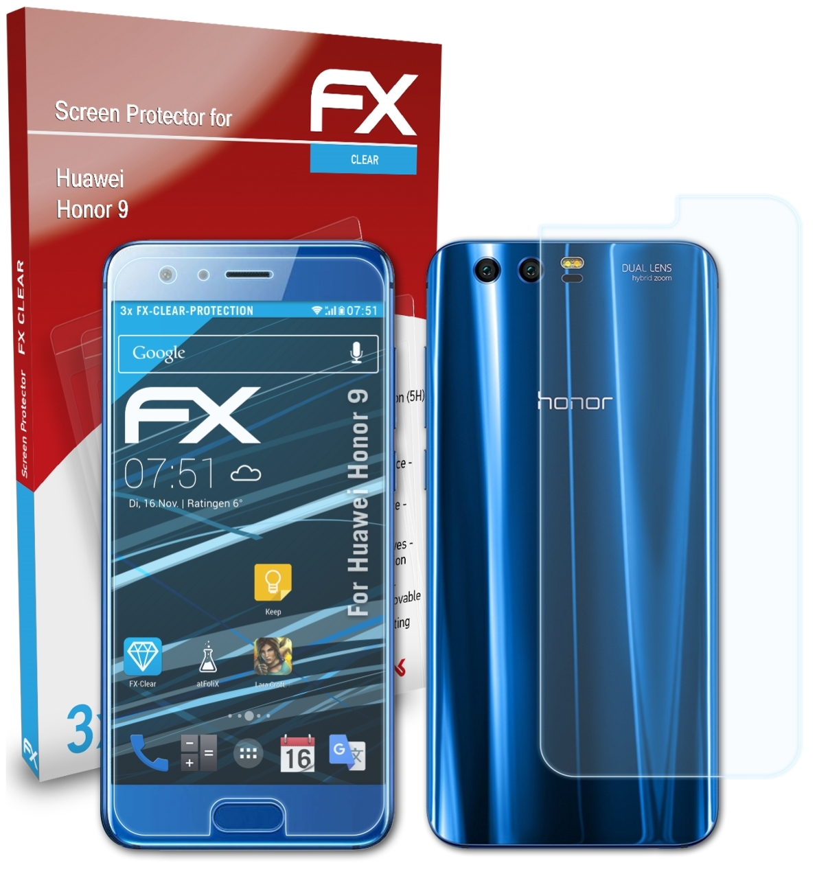 FX-Clear Displayschutz(für 9) ATFOLIX 3x Huawei Honor