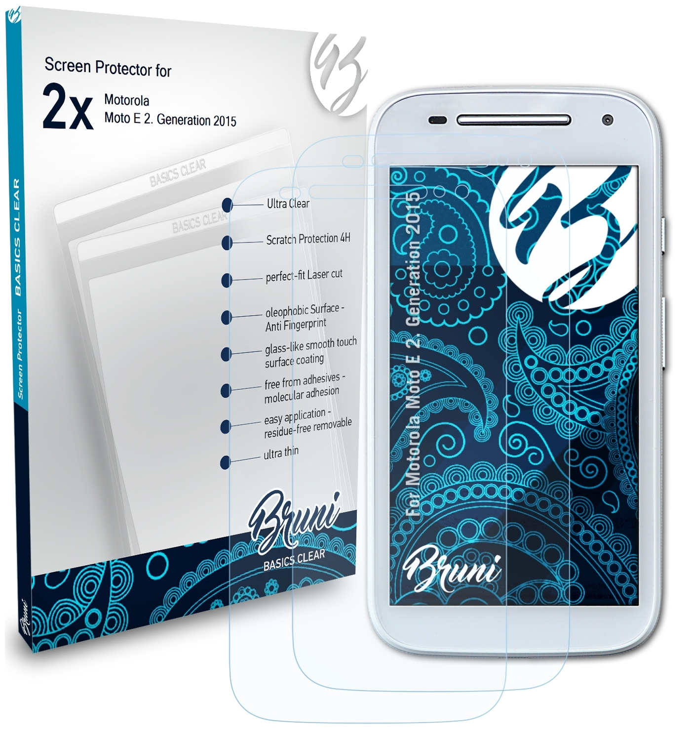 BRUNI 2x Basics-Clear Schutzfolie(für Motorola Moto (2. E Generation 2015))