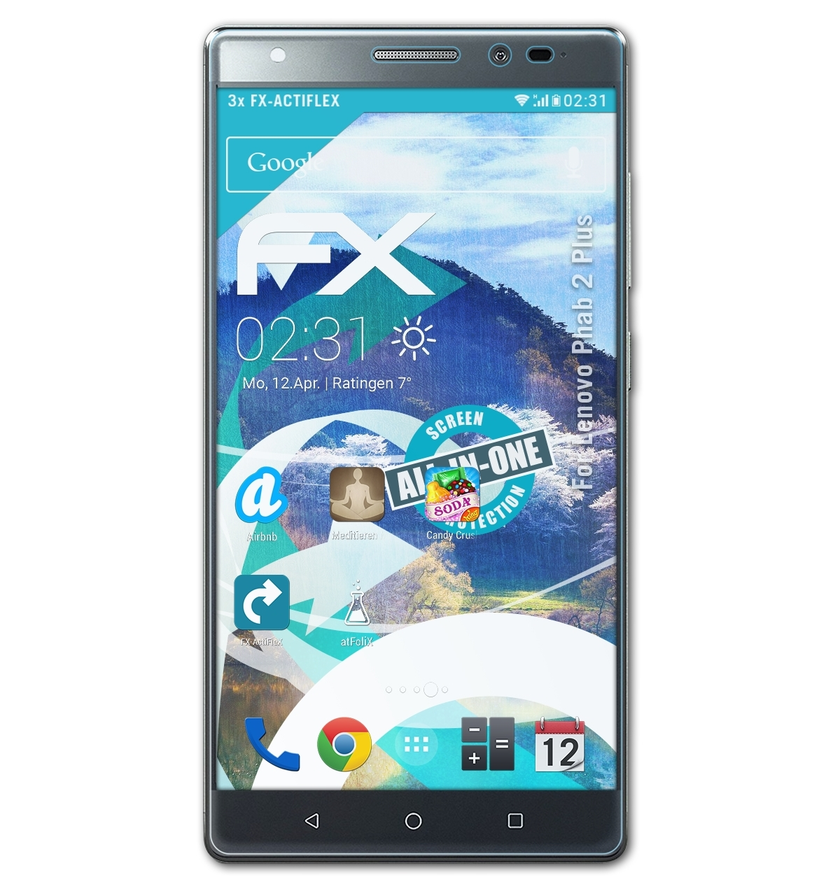 Schwarzes Smartphone mit Displayschutzfolie. Der Bildschirm zeigt die Oberfläche, Folie ist transparent.
