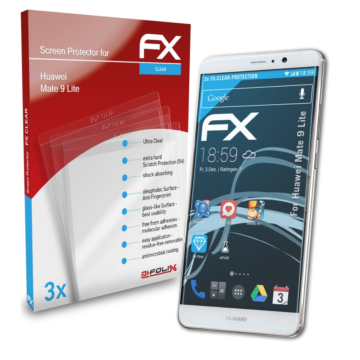 ATFOLIX 3x FX-Clear Displayschutz(für Huawei Mate Lite) 9