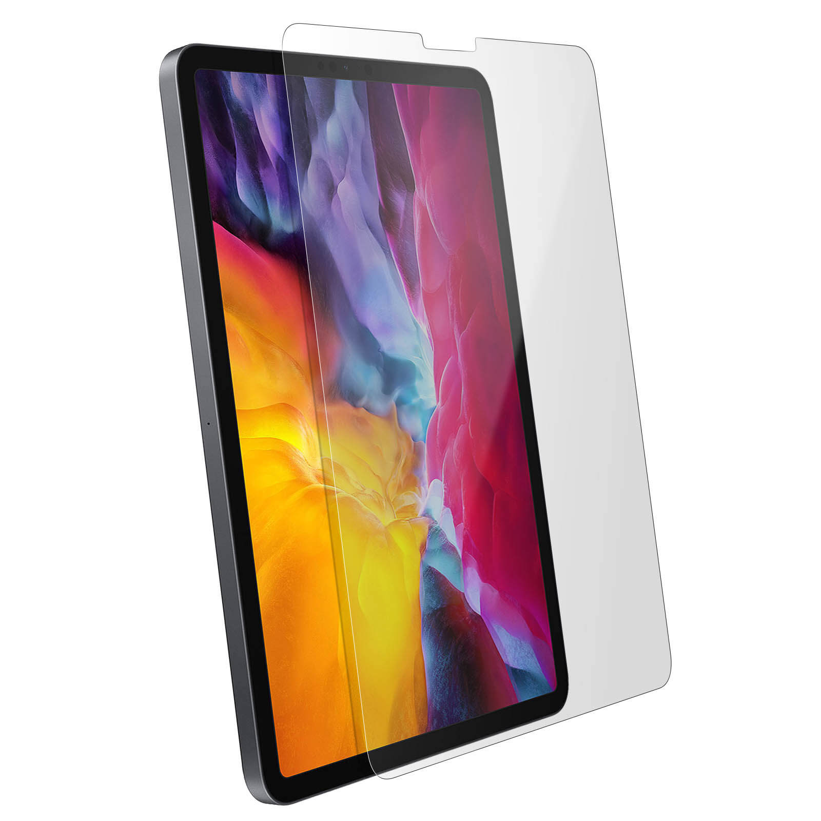 Tablet met schermbeschermer. Toont kleurrijke afbeelding. Beschermer rechts. Witte achtergrond.