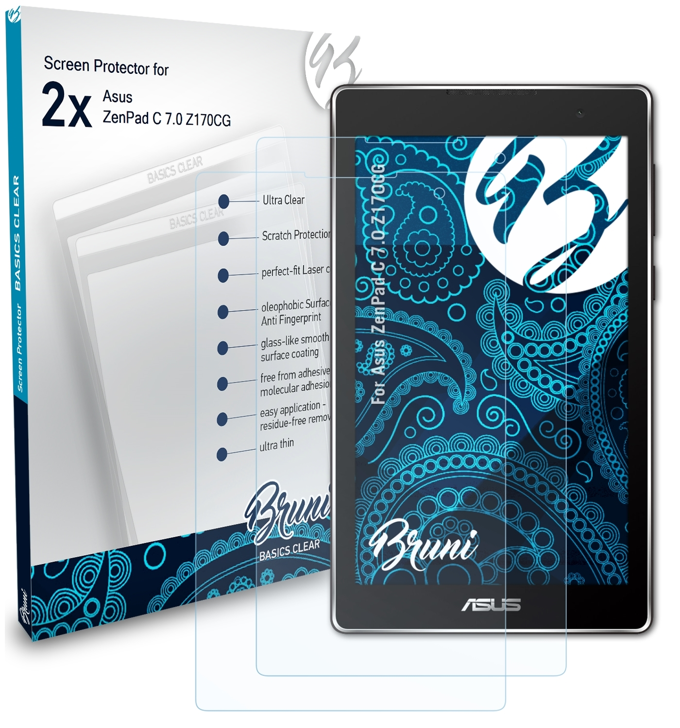 BRUNI 2x Basics-Clear Schutzfolie(für Asus ZenPad (Z170CG)) C 7.0