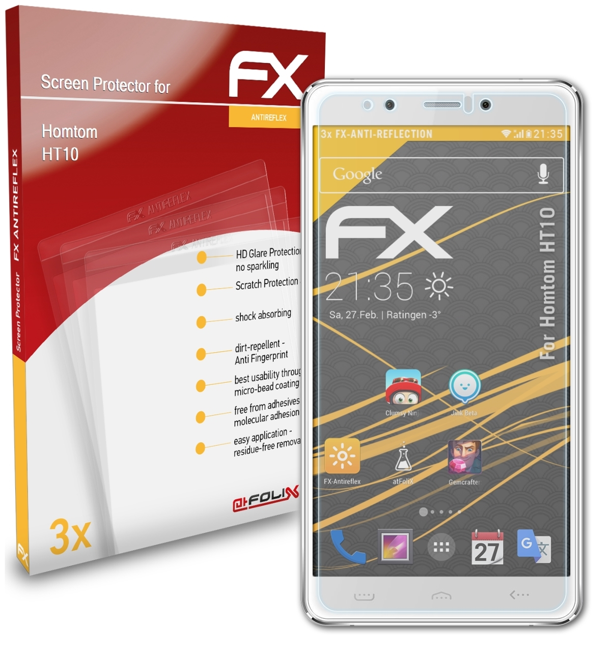ATFOLIX HT10) FX-Antireflex 3x Displayschutz(für Homtom