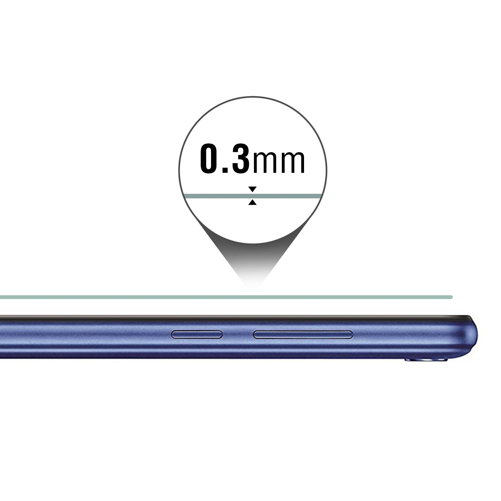 Primo piano del lato di un telefono, che mostra una misurazione di 0,3 mm. Il telefono è blu.