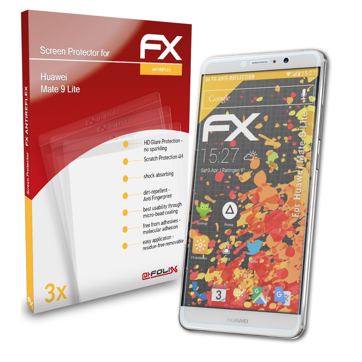 ATFOLIX 3x Huawei FX-Antireflex 9 Displayschutz(für Mate Lite)