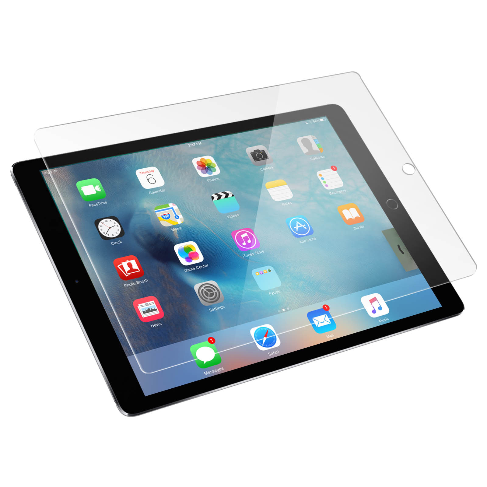 iPad con protezione schermo. Lo schermo mostra le icone delle app. La protezione è trasparente.