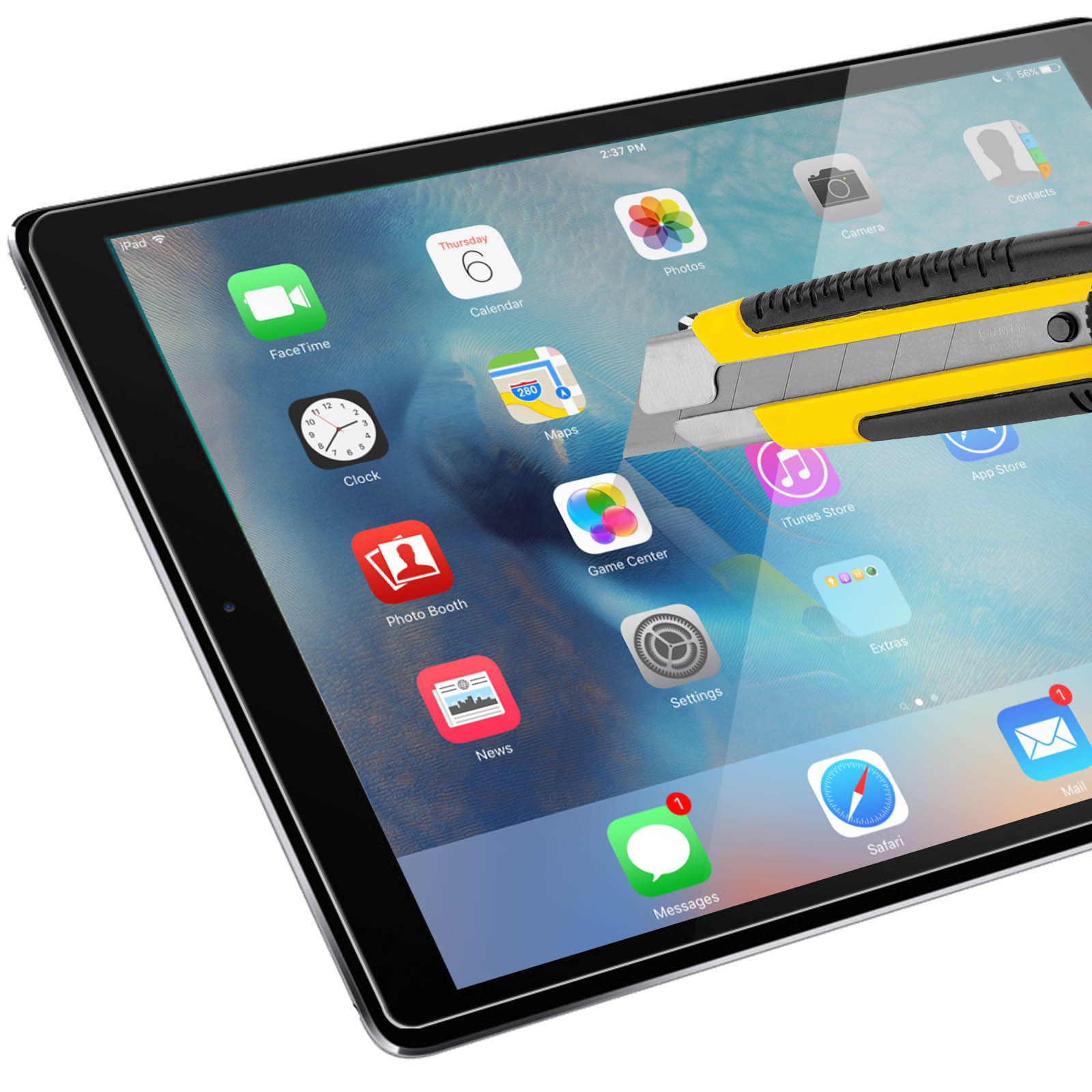 Tablet con icone di app. Un taglierino giallo taglia lo schermo.