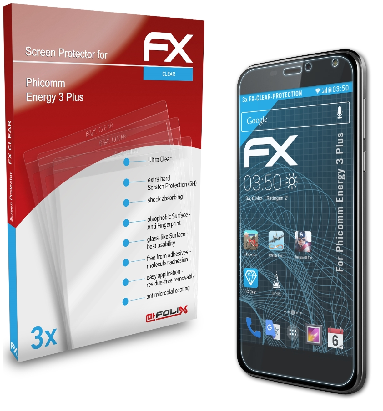 ATFOLIX 3x Energy 3 FX-Clear Displayschutz(für Phicomm Plus)