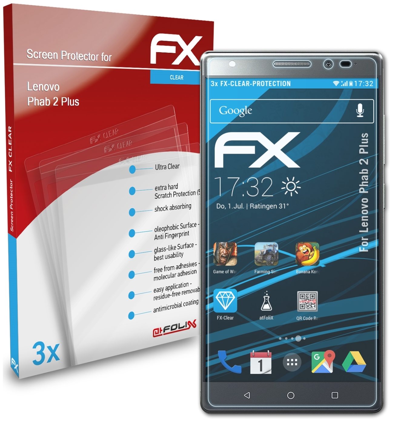 ATFOLIX 3x FX-Clear Displayschutz(für 2 Plus) Lenovo Phab