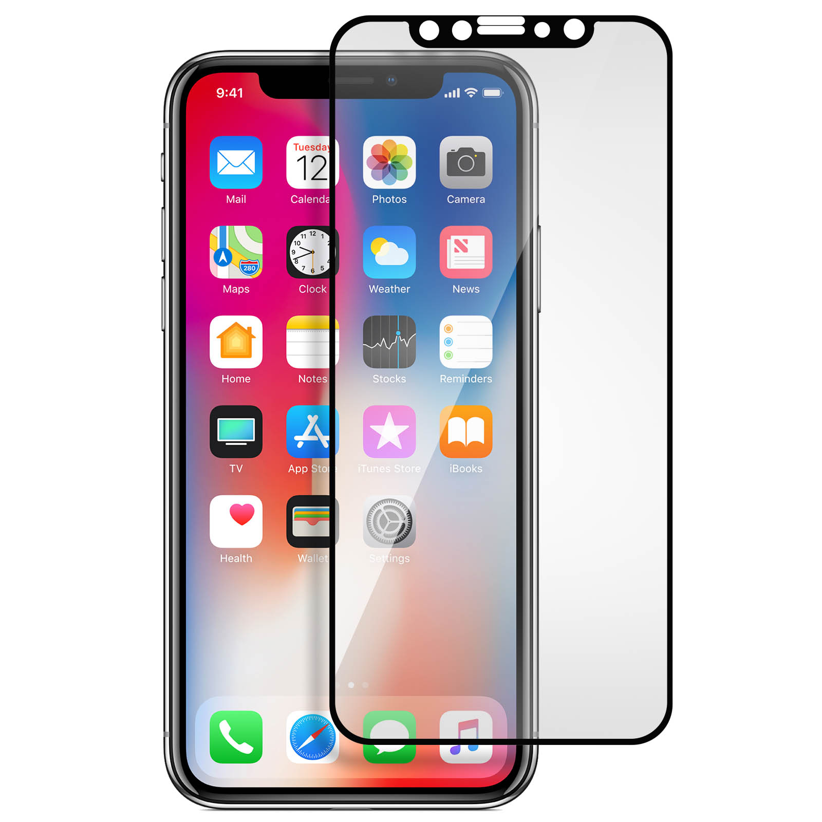 Un telefono con protezione schermo. Lo schermo mostra la schermata iniziale con varie icone di app e l'ora.