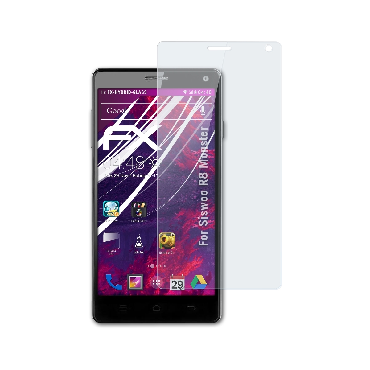 Ein Smartphone mit Displayschutz. Der Bildschirm zeigt Apps und die Uhrzeit.